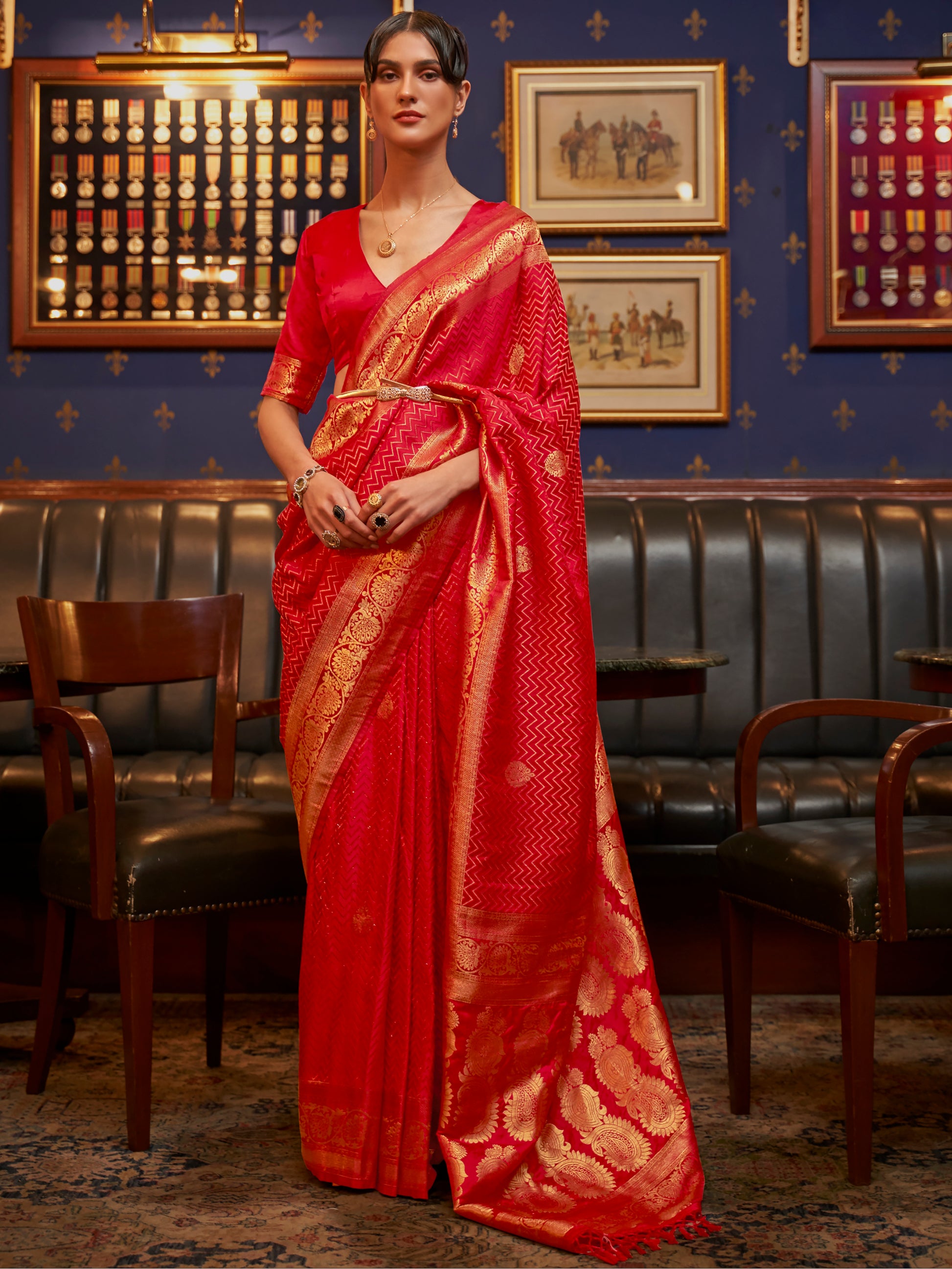 Gorgeous Red Zari Weaving Satin Engagement Wear Saree With Blouse