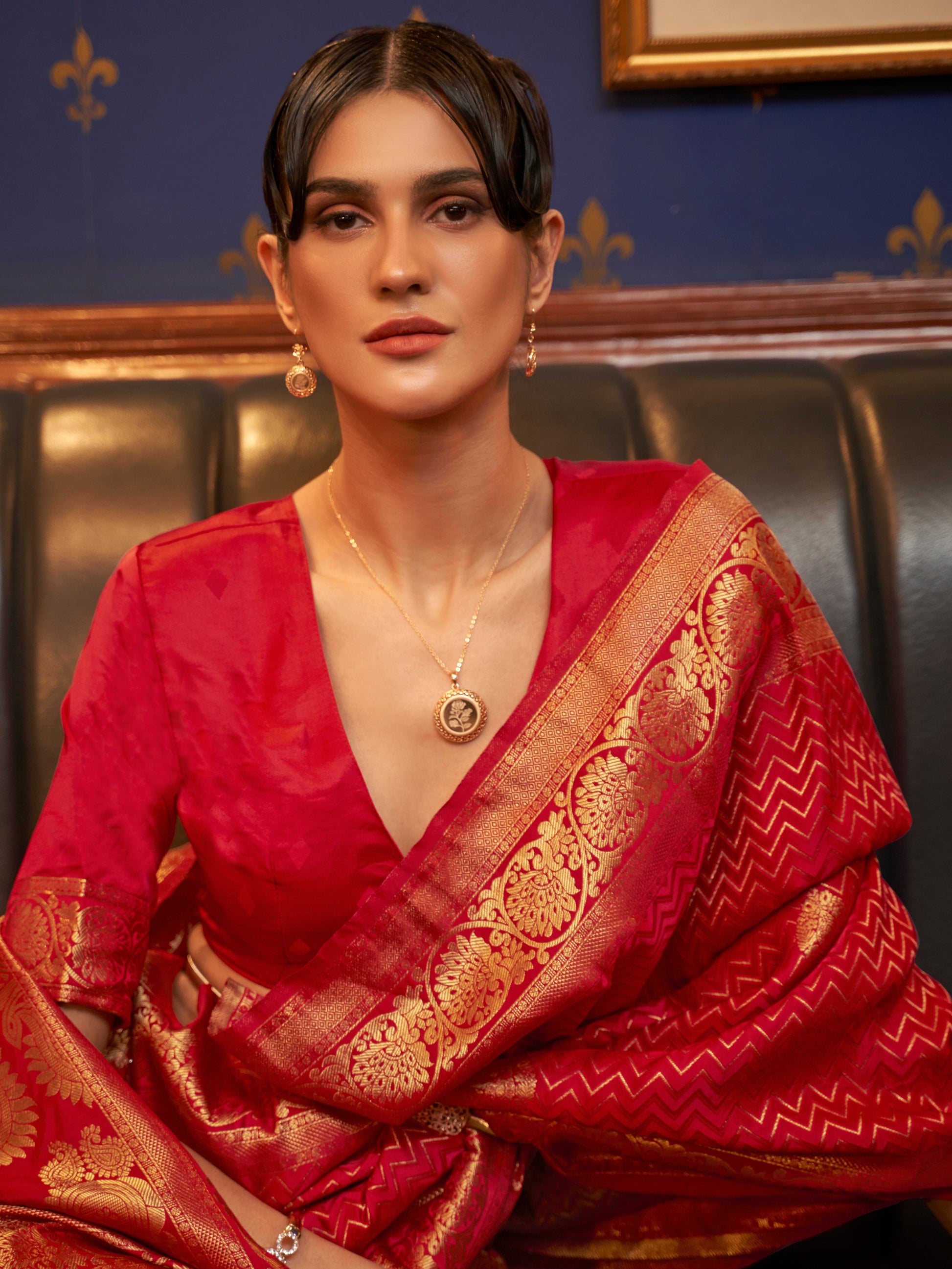 Gorgeous Red Zari Weaving Satin Engagement Wear Saree With Blouse
