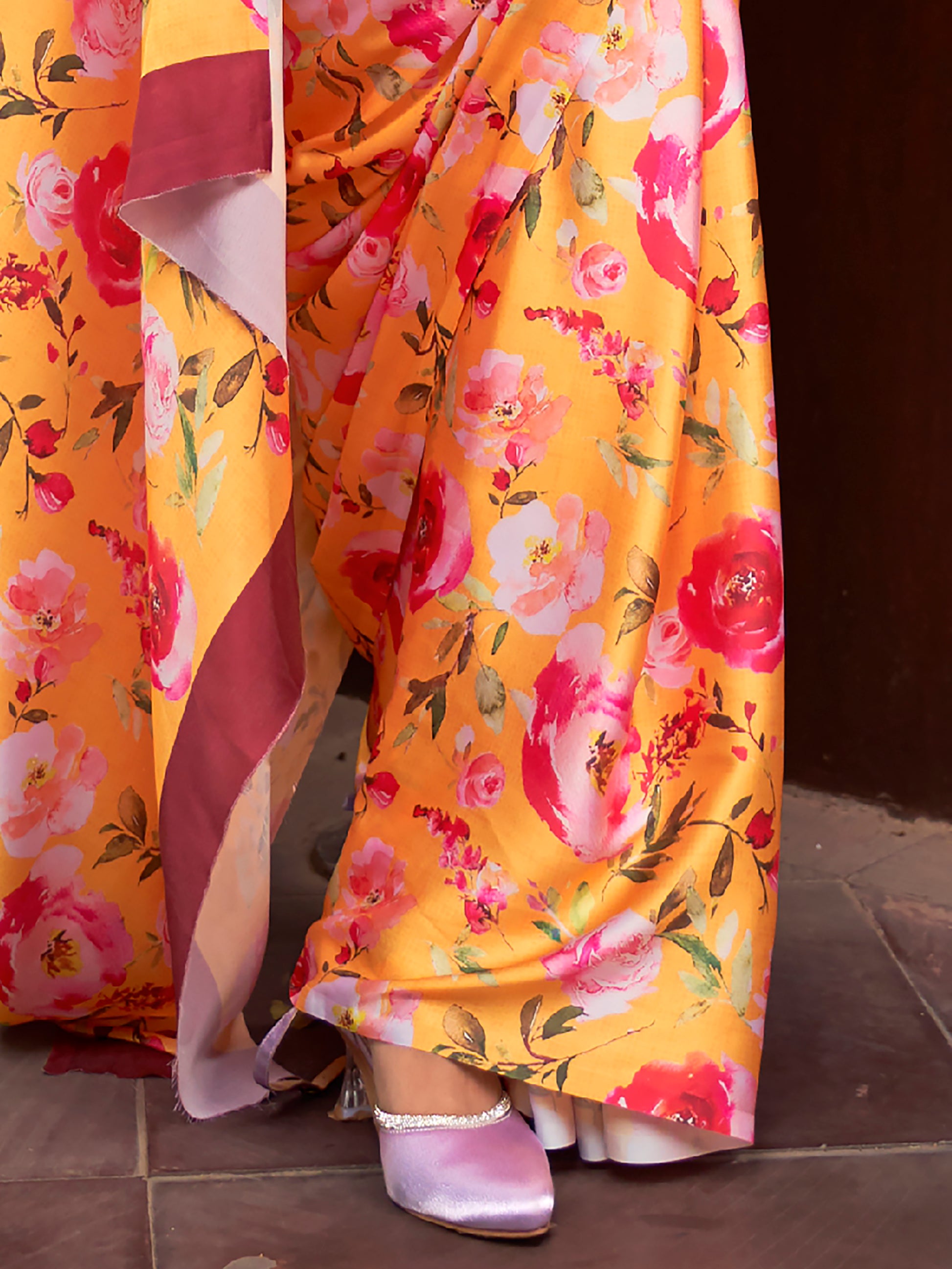 Charming Yellow Floral Printed Satin Festive Wear Saree With Blouse