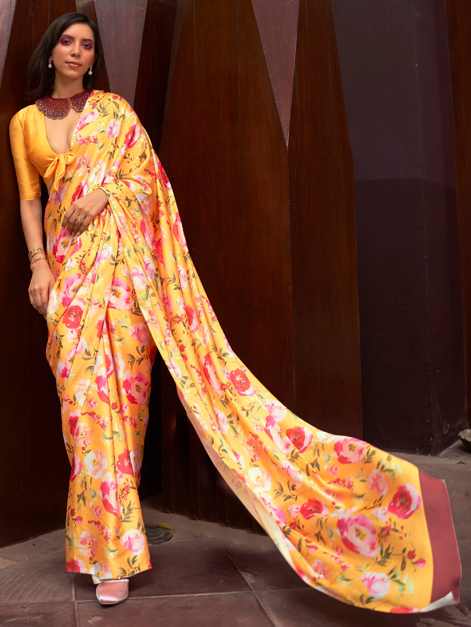Charming Yellow Floral Printed Satin Festive Wear Saree With Blouse