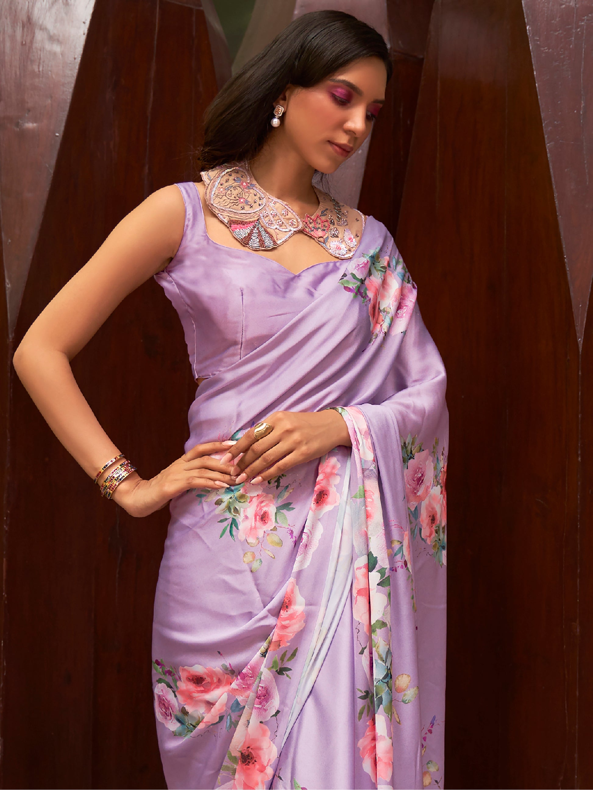 Lovable Lavender Floral Printed Satin Party Wear Saree With Blouse