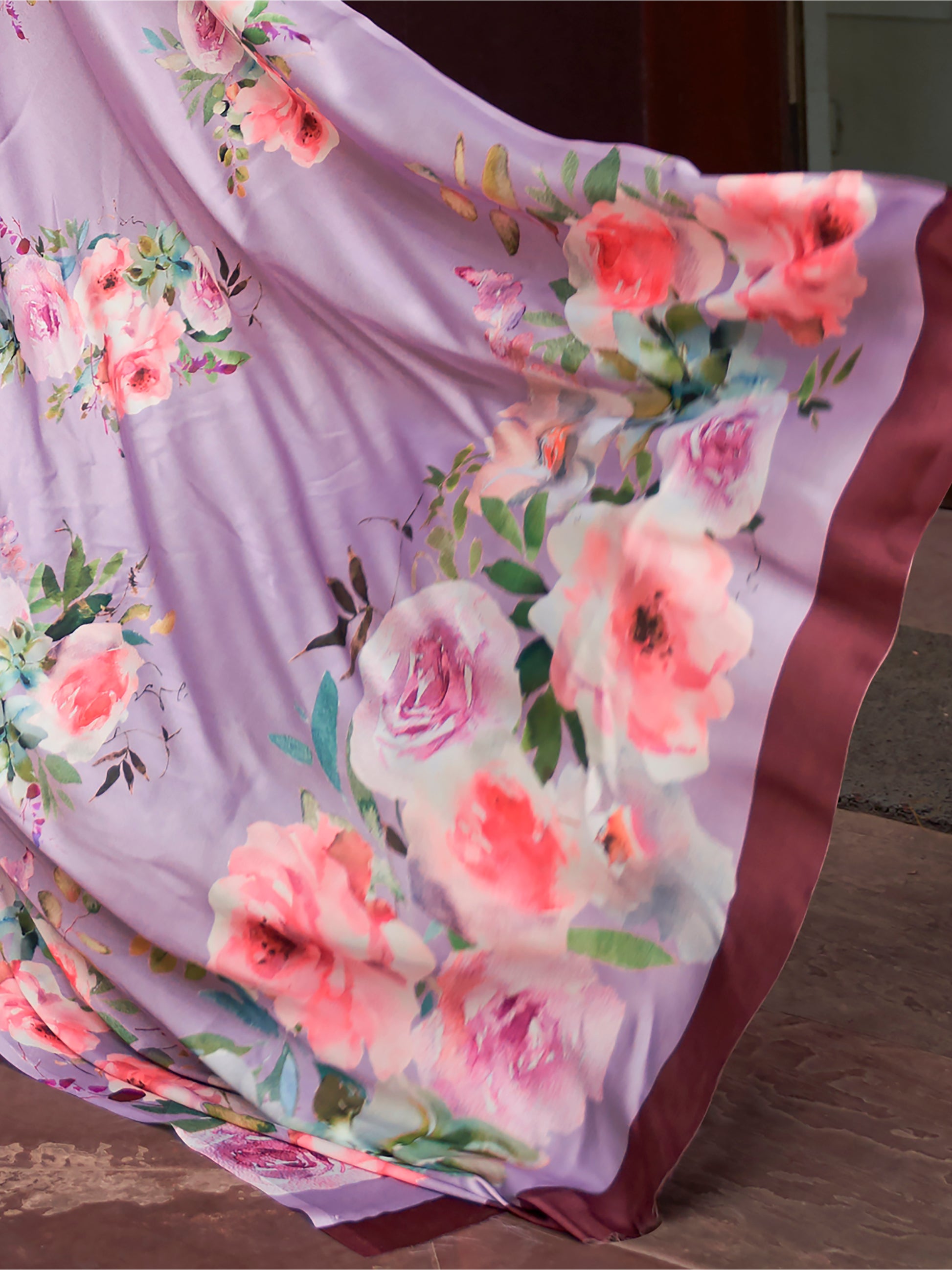 Lovable Lavender Floral Printed Satin Party Wear Saree With Blouse
