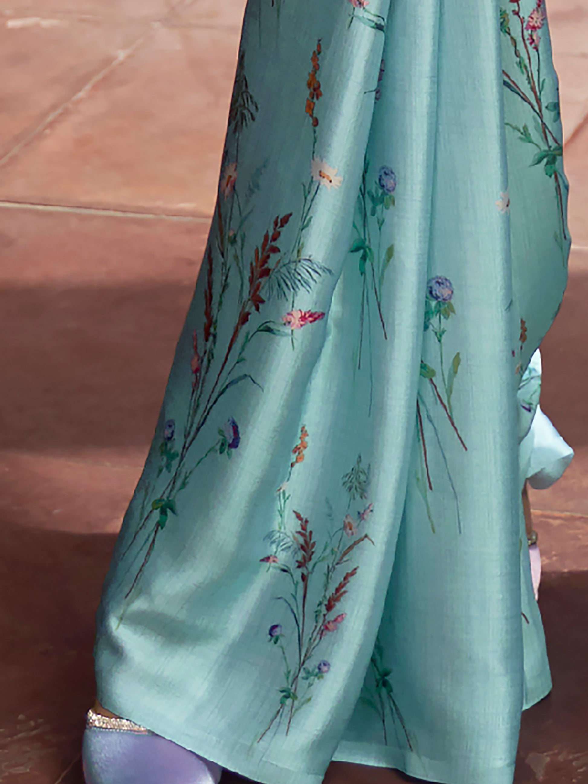 Gorgeous Sky Blue Floral Printed Satin Party Wear Saree With Blouse
