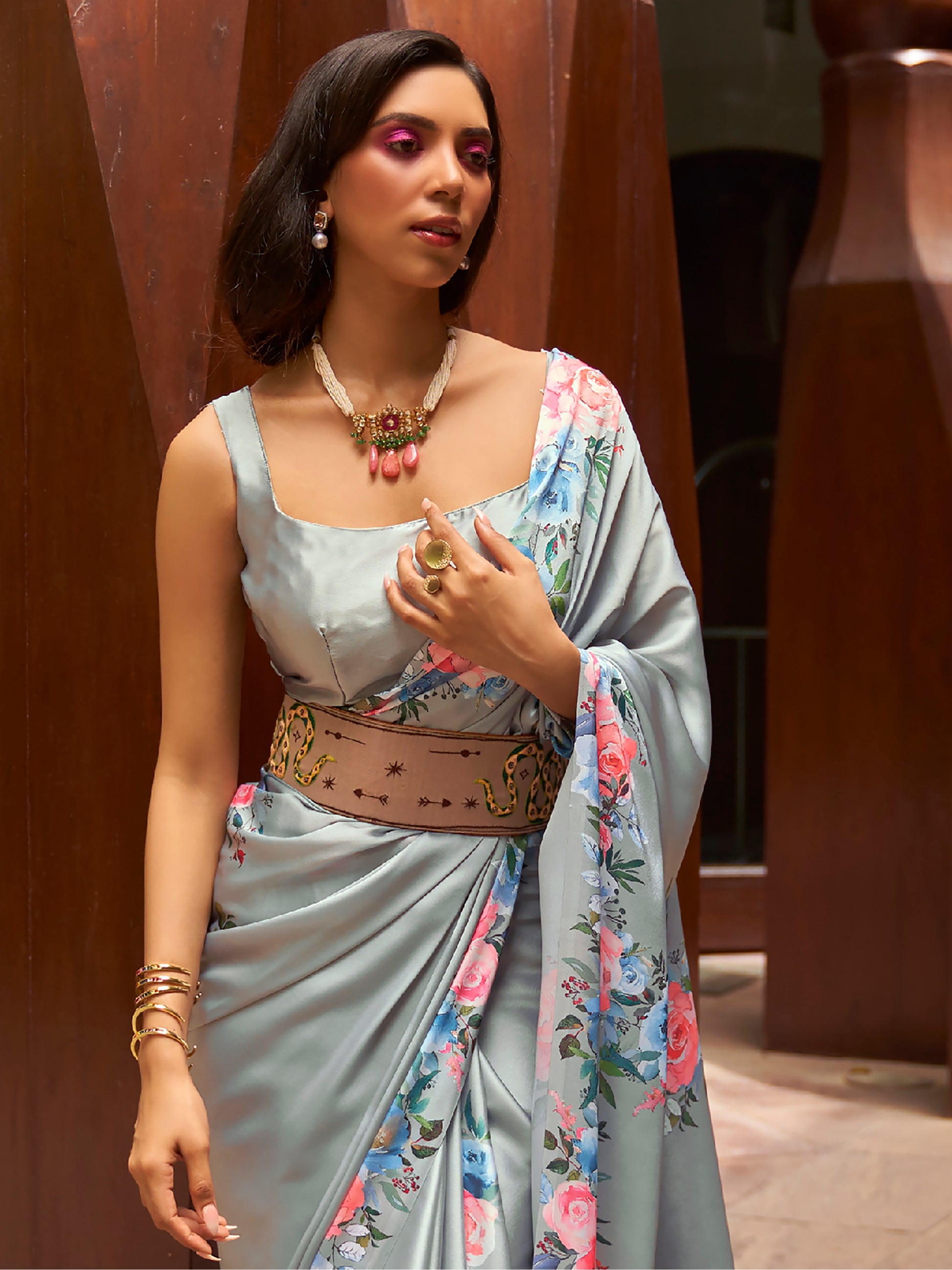 Attractive Grey Floral Printed Satin Events Wear Saree With Blouse