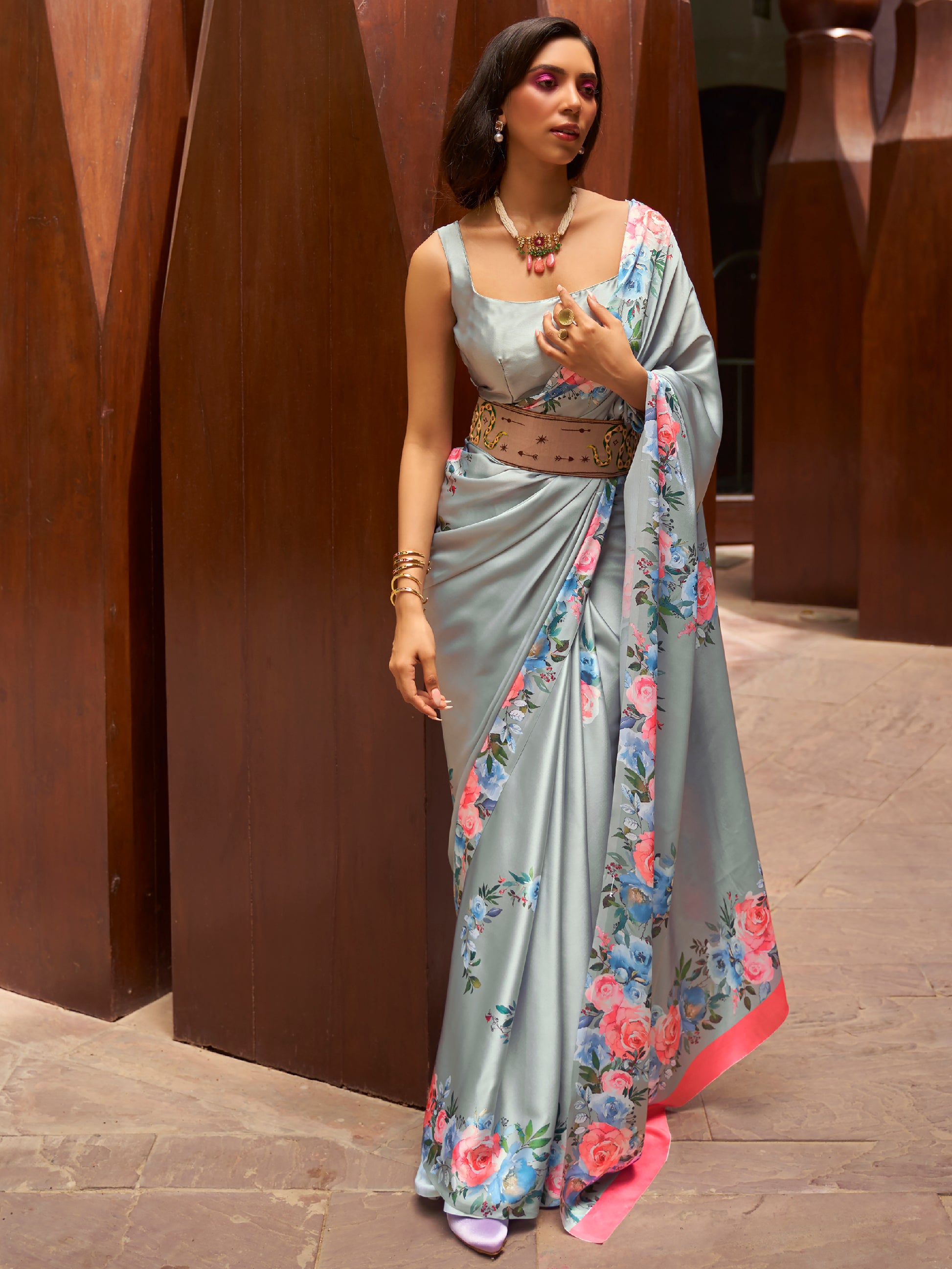 Attractive Grey Floral Printed Satin Events Wear Saree With Blouse