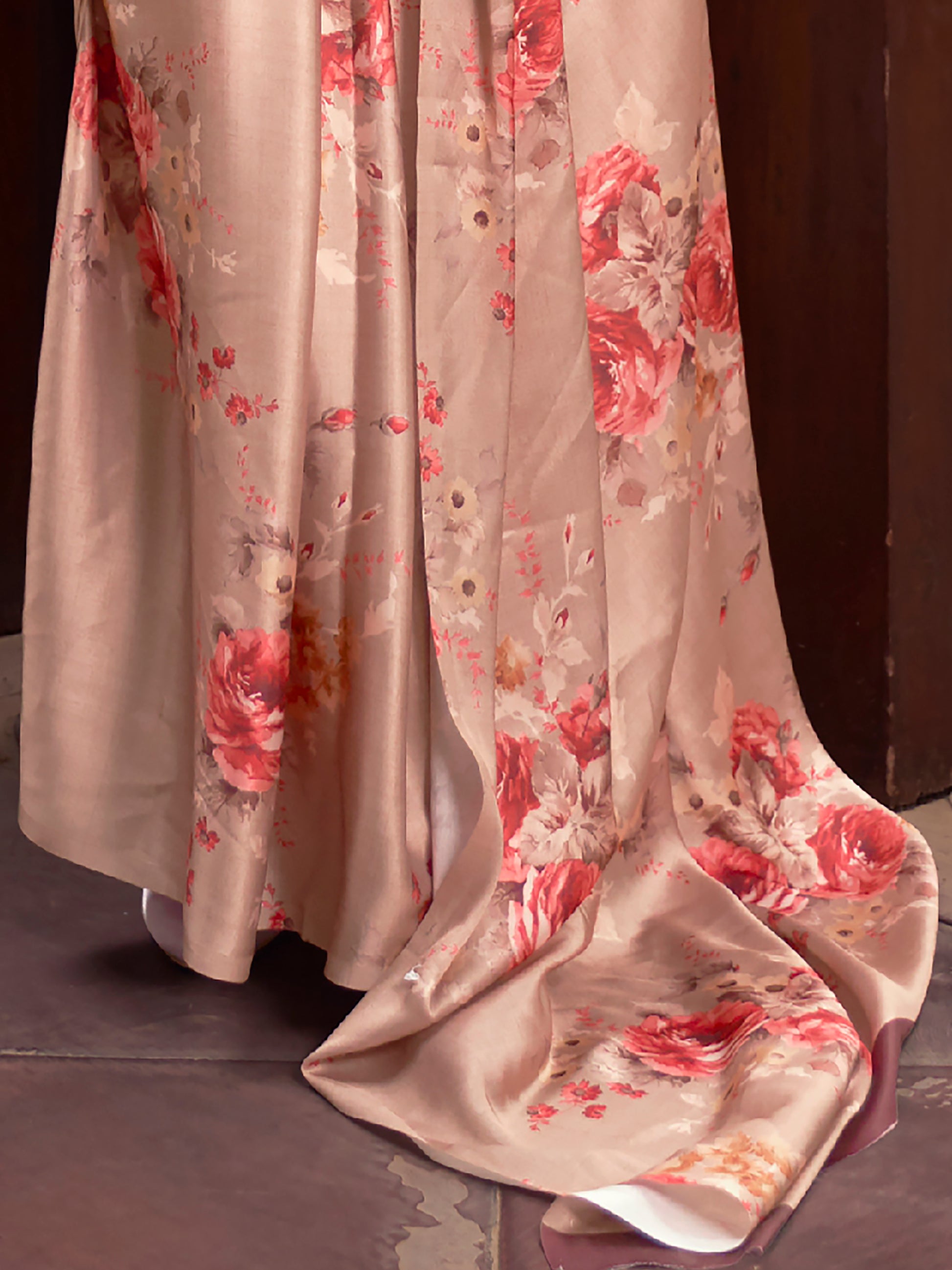 Ravishing Peach Floral Printed Satin Festive Wear Saree With Blouse