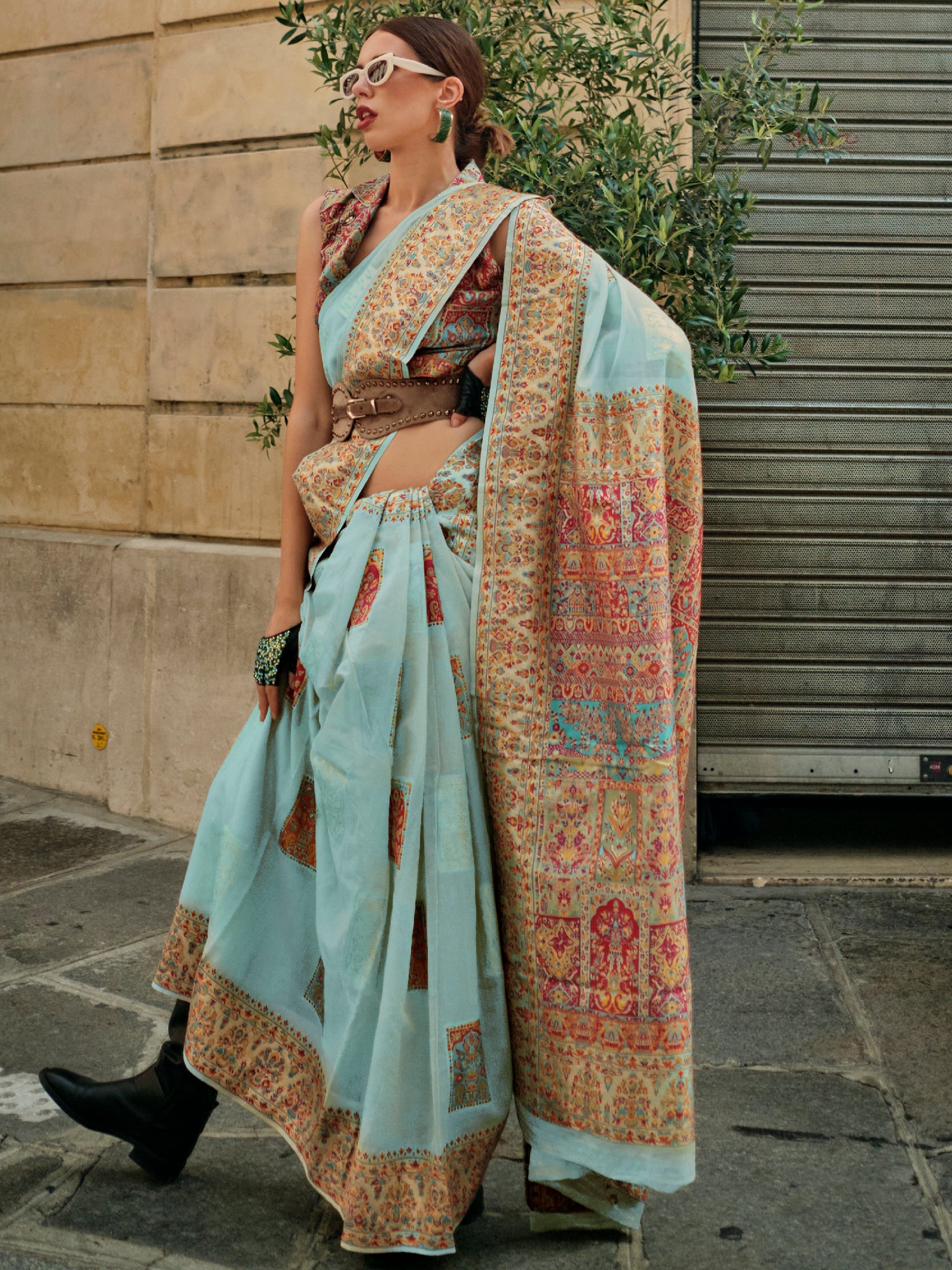 Splendid Sky-Blue Zari Weaving Silk Festive Wear Saree With Blouse
