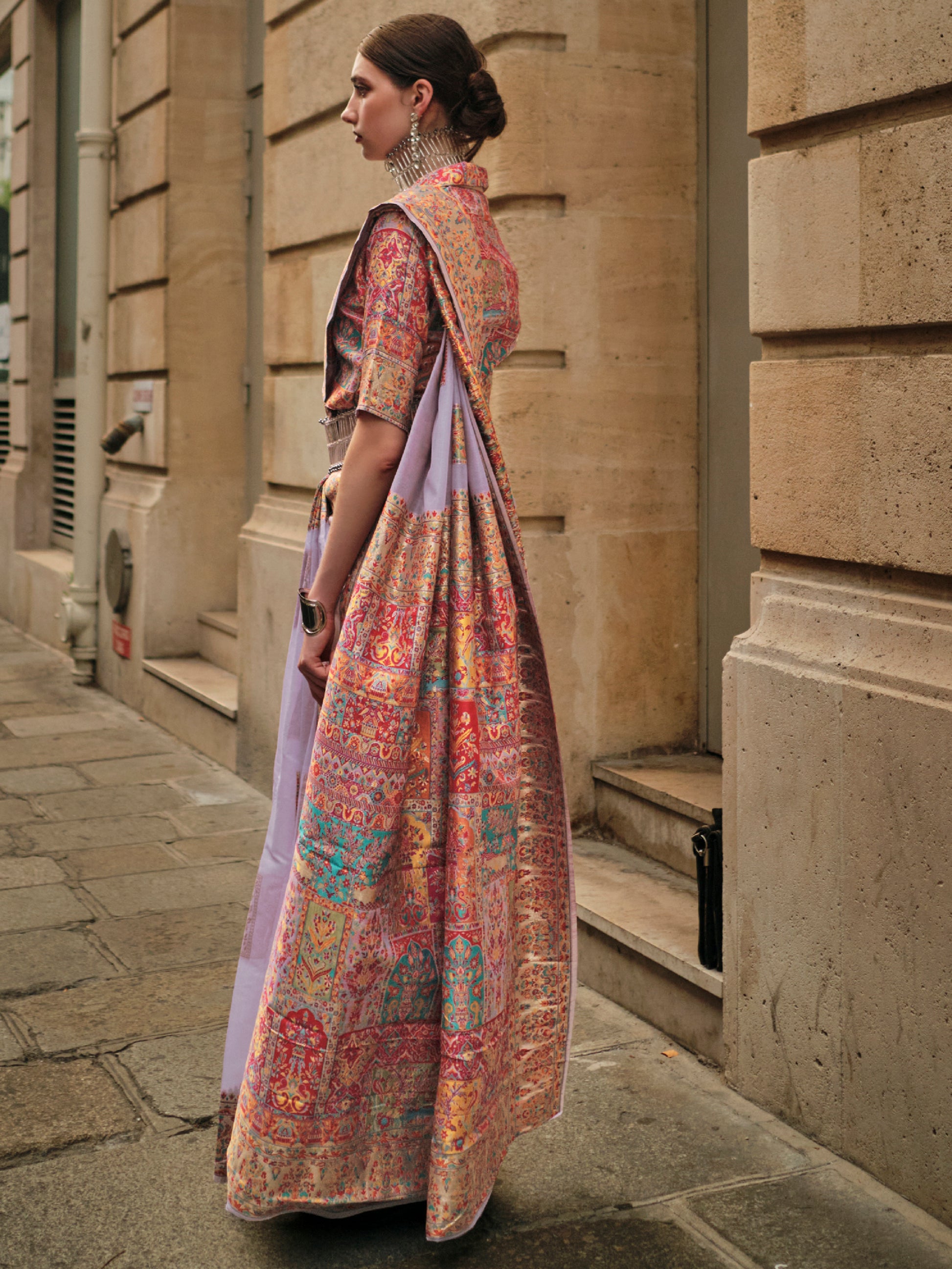Pretty Lavender Zari Weaving Silk Reception Wear Saree With Blouse