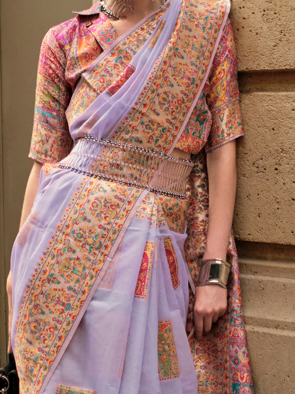 Pretty Lavender Zari Weaving Silk Reception Wear Saree With Blouse