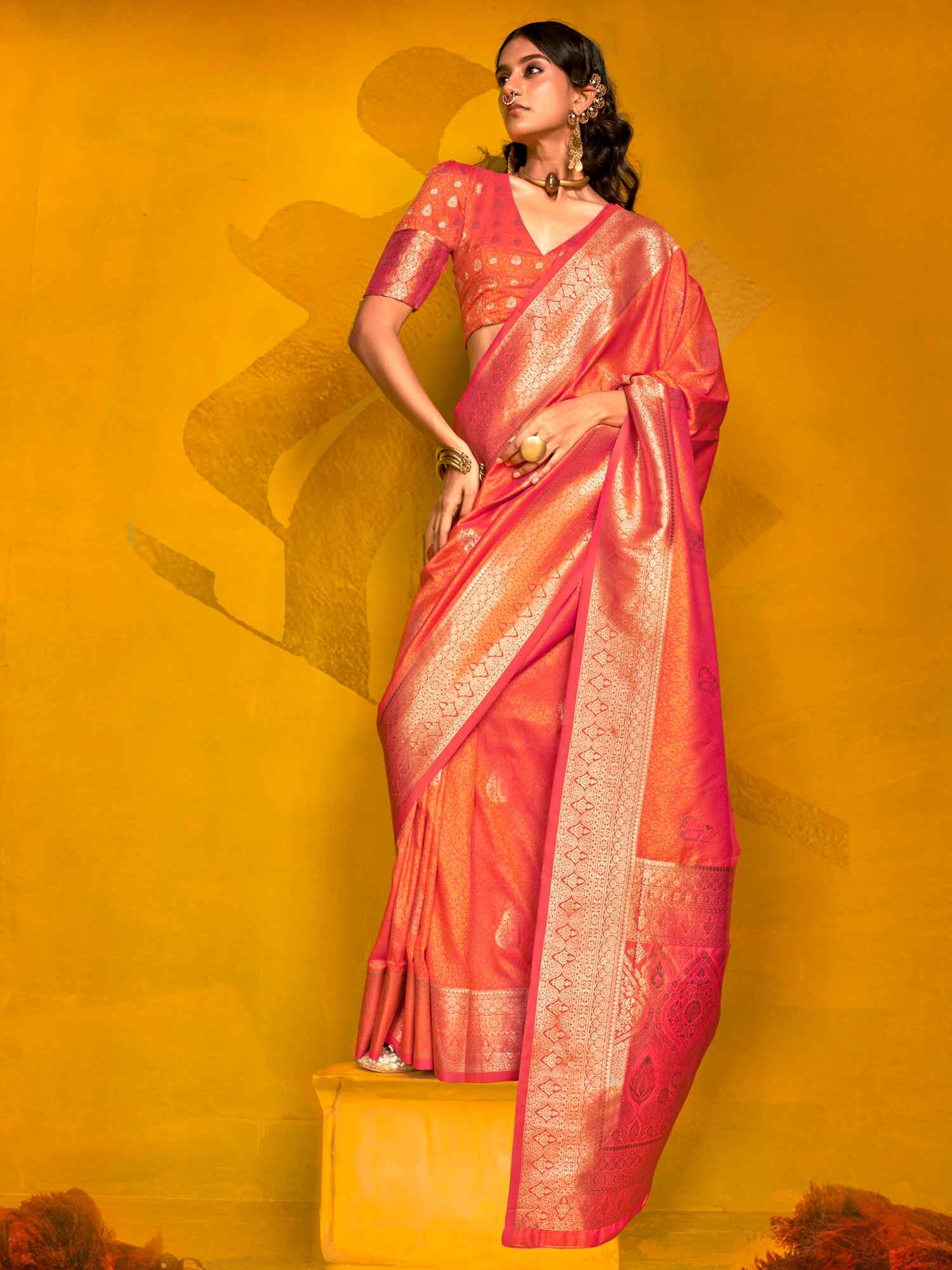 Incredible Orange Zari Weaving Silk Festival Wear Saree With Blouse