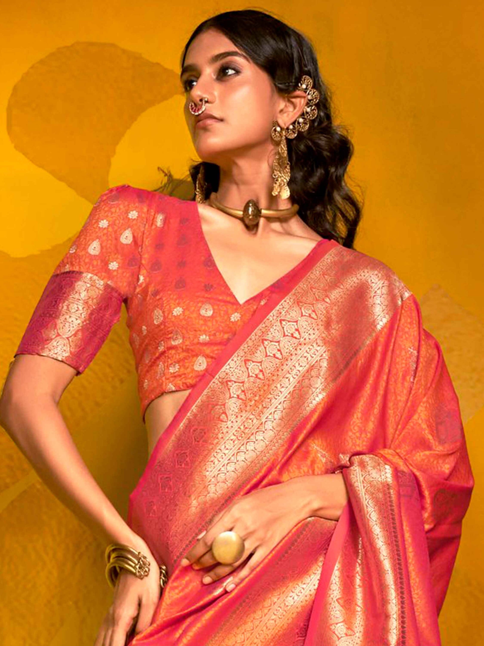 Incredible Orange Zari Weaving Silk Festival Wear Saree With Blouse