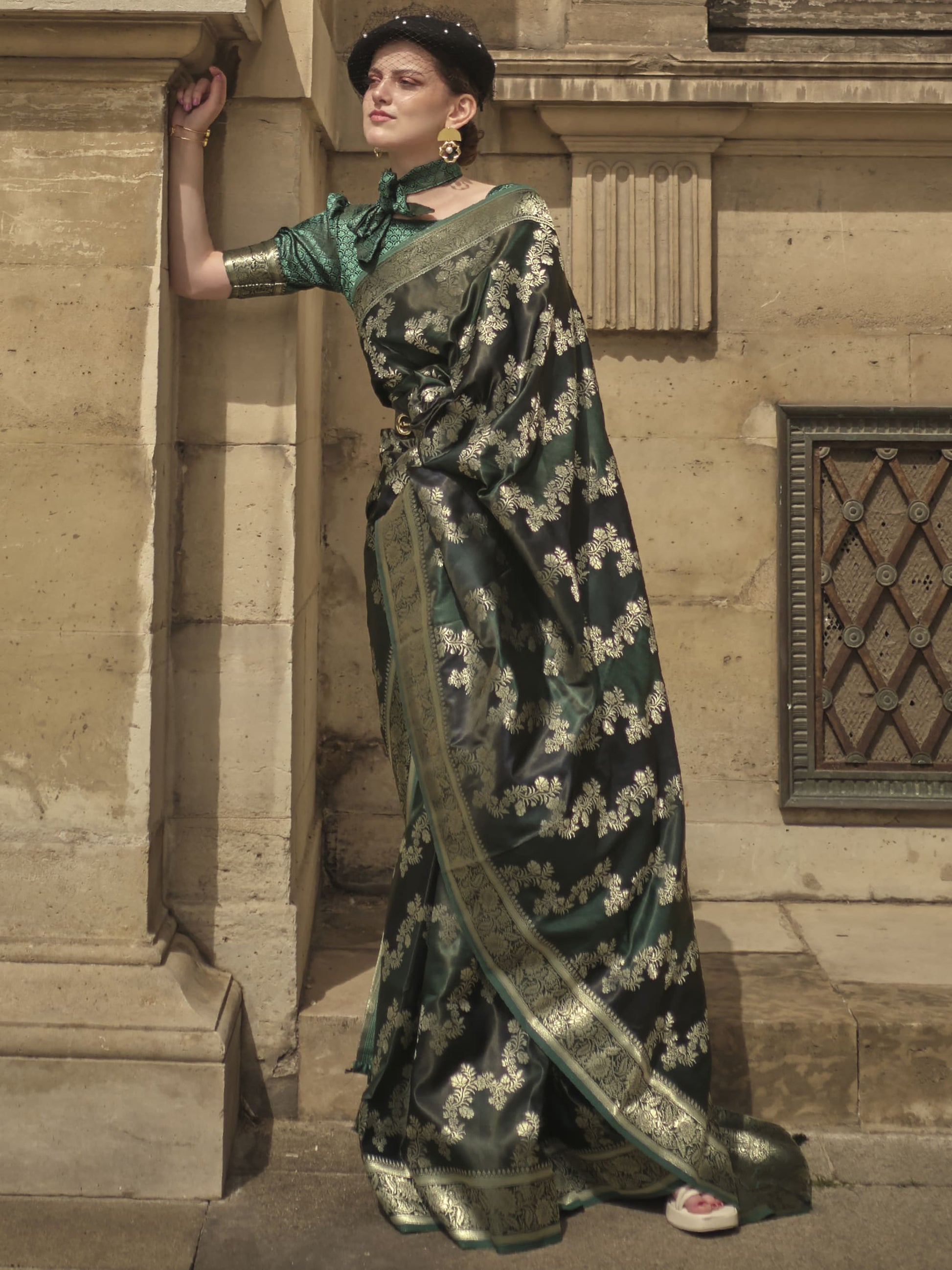 Stunning Dark Green Zari Weaving Satin Wedding Wear Saree With Blouse