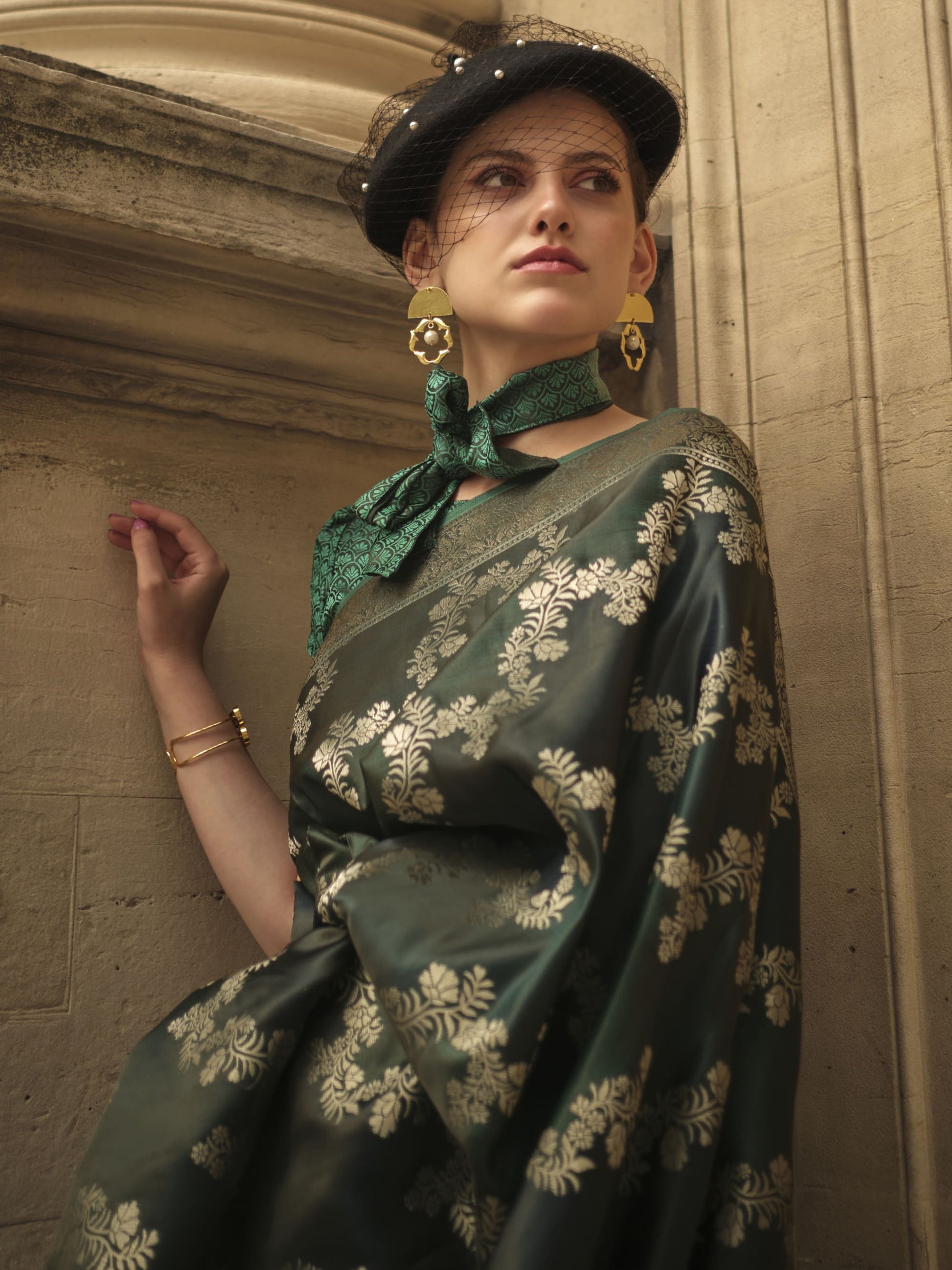 Stunning Dark Green Zari Weaving Satin Wedding Wear Saree With Blouse