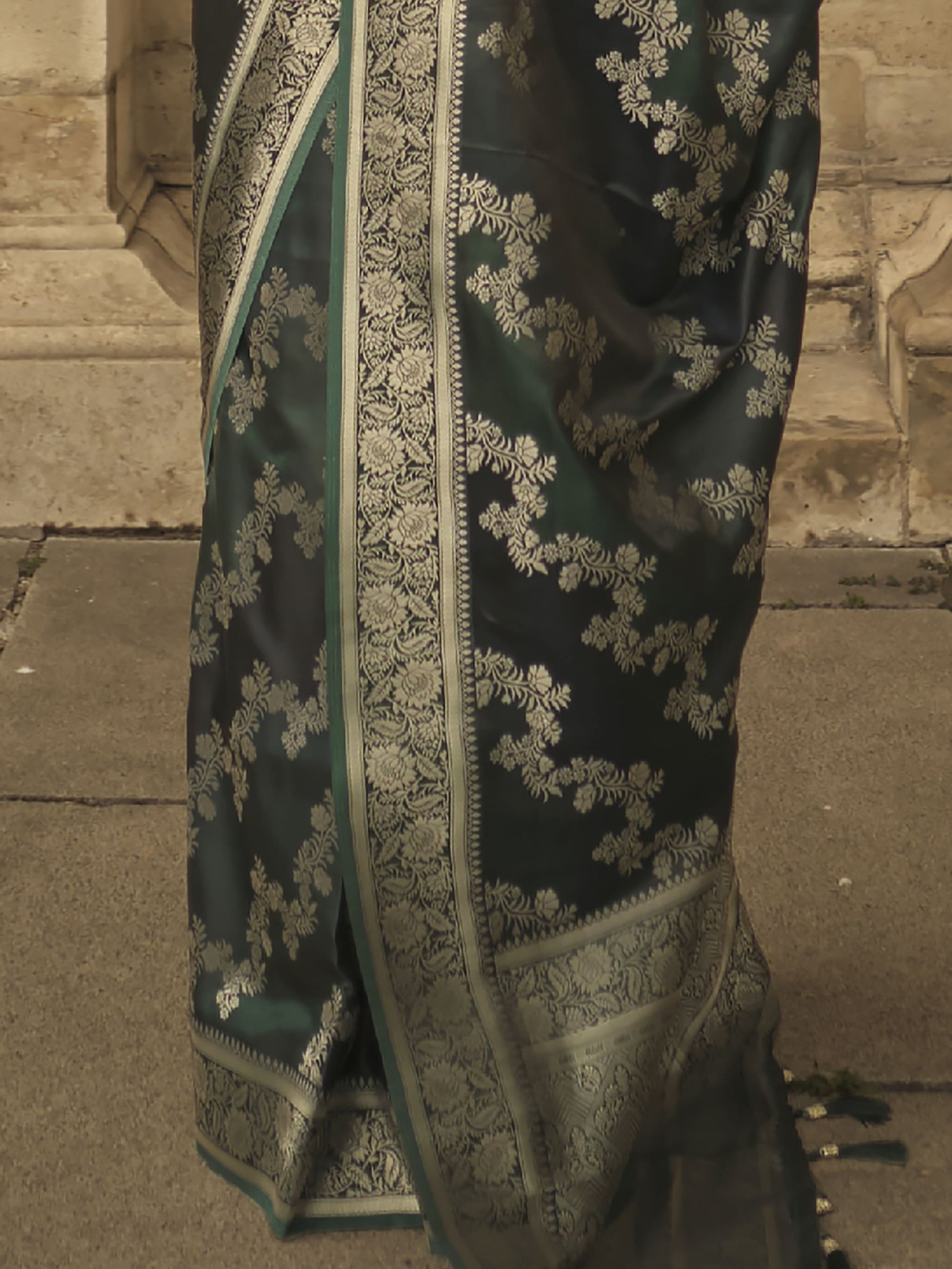 Stunning Dark Green Zari Weaving Satin Wedding Wear Saree With Blouse