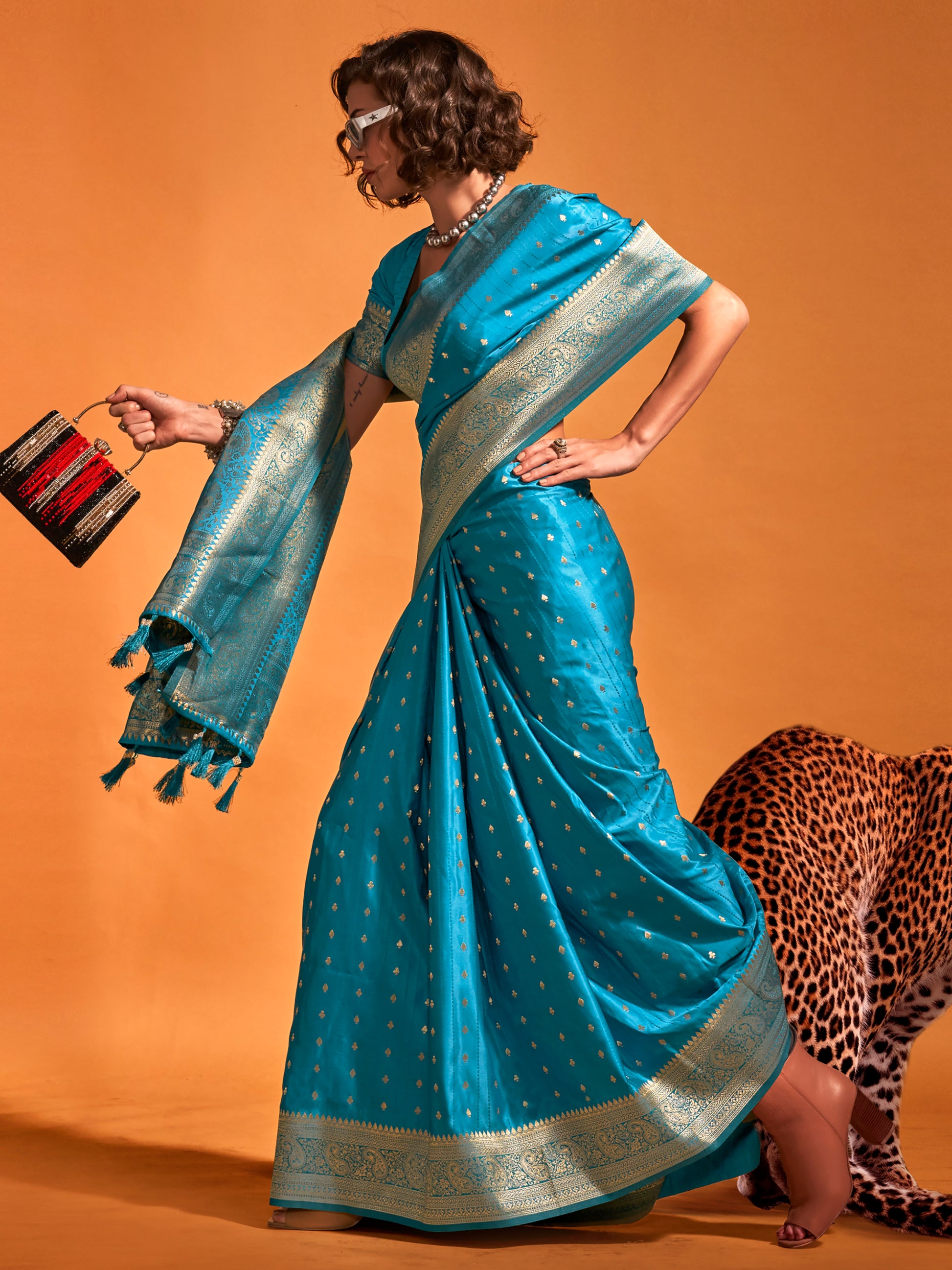 Charming Blue Zari Weaving Satin Reception Wear Saree With Blouse