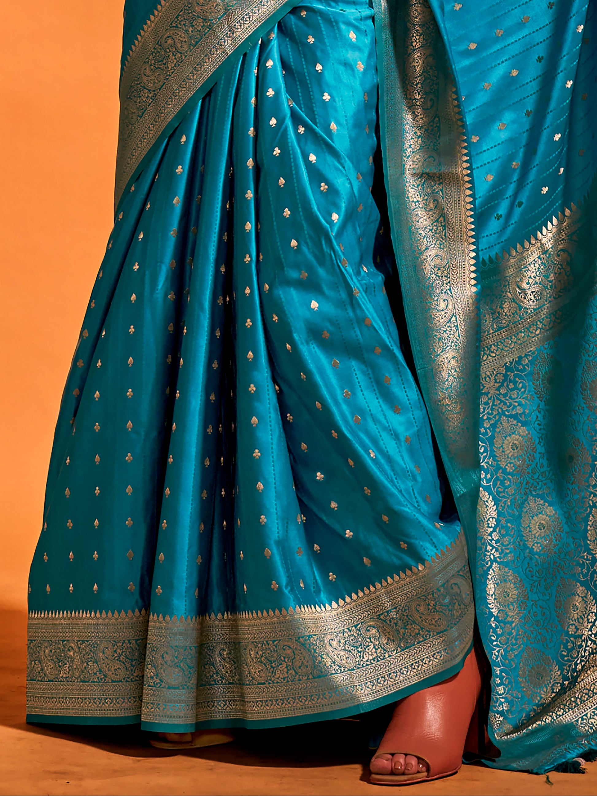 Charming Blue Zari Weaving Satin Reception Wear Saree With Blouse