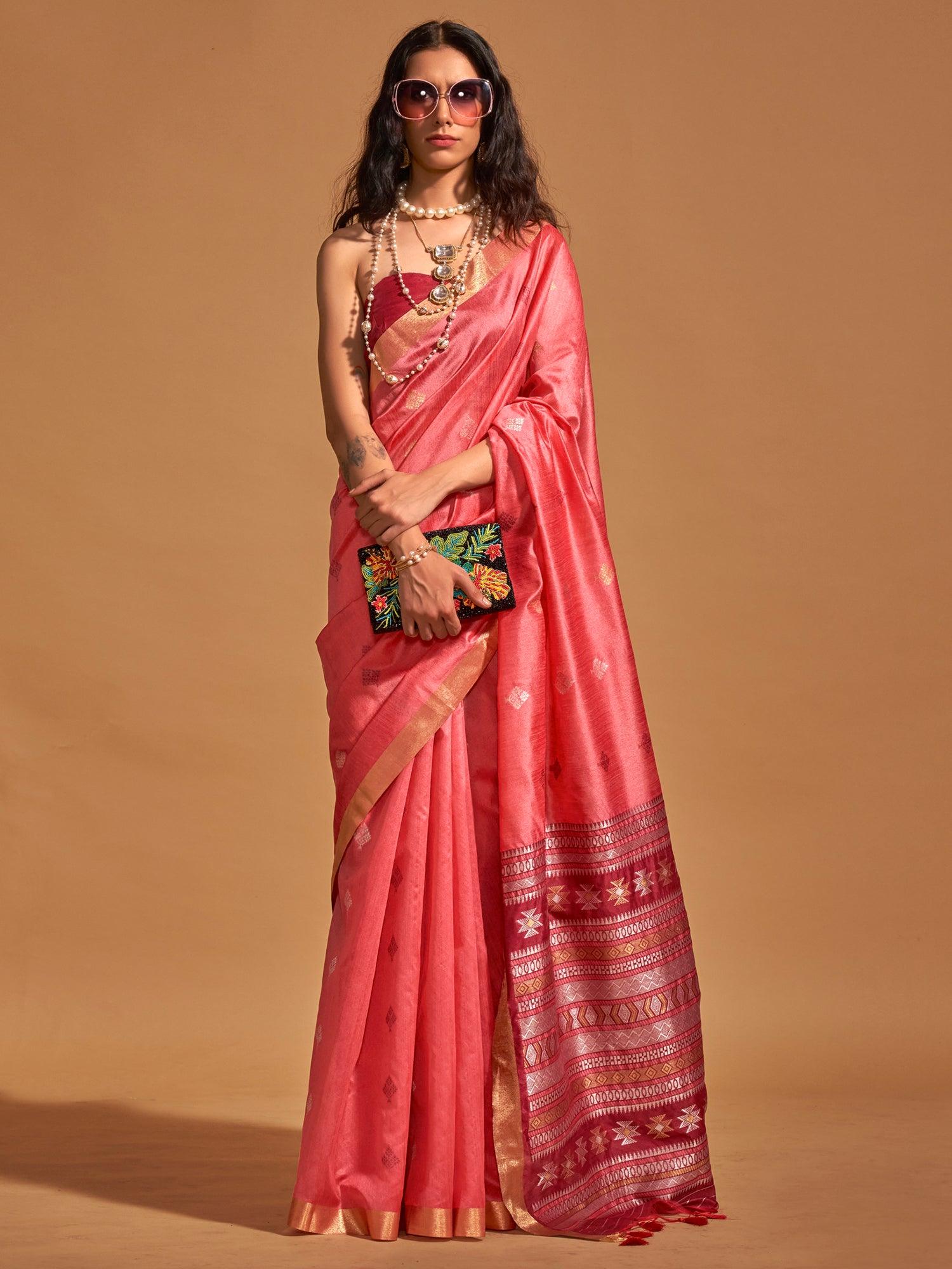 Bewitching Coral Red Weaving Silk Event Wear Saree With Blouse