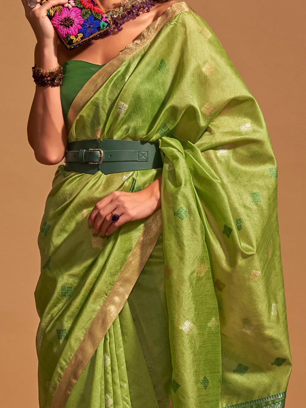 Beautiful Green Weaving Silk Mehendi Wear Saree With Blouse