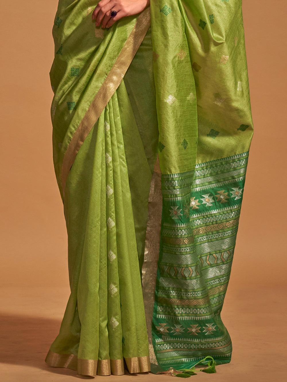 Beautiful Green Weaving Silk Mehendi Wear Saree With Blouse