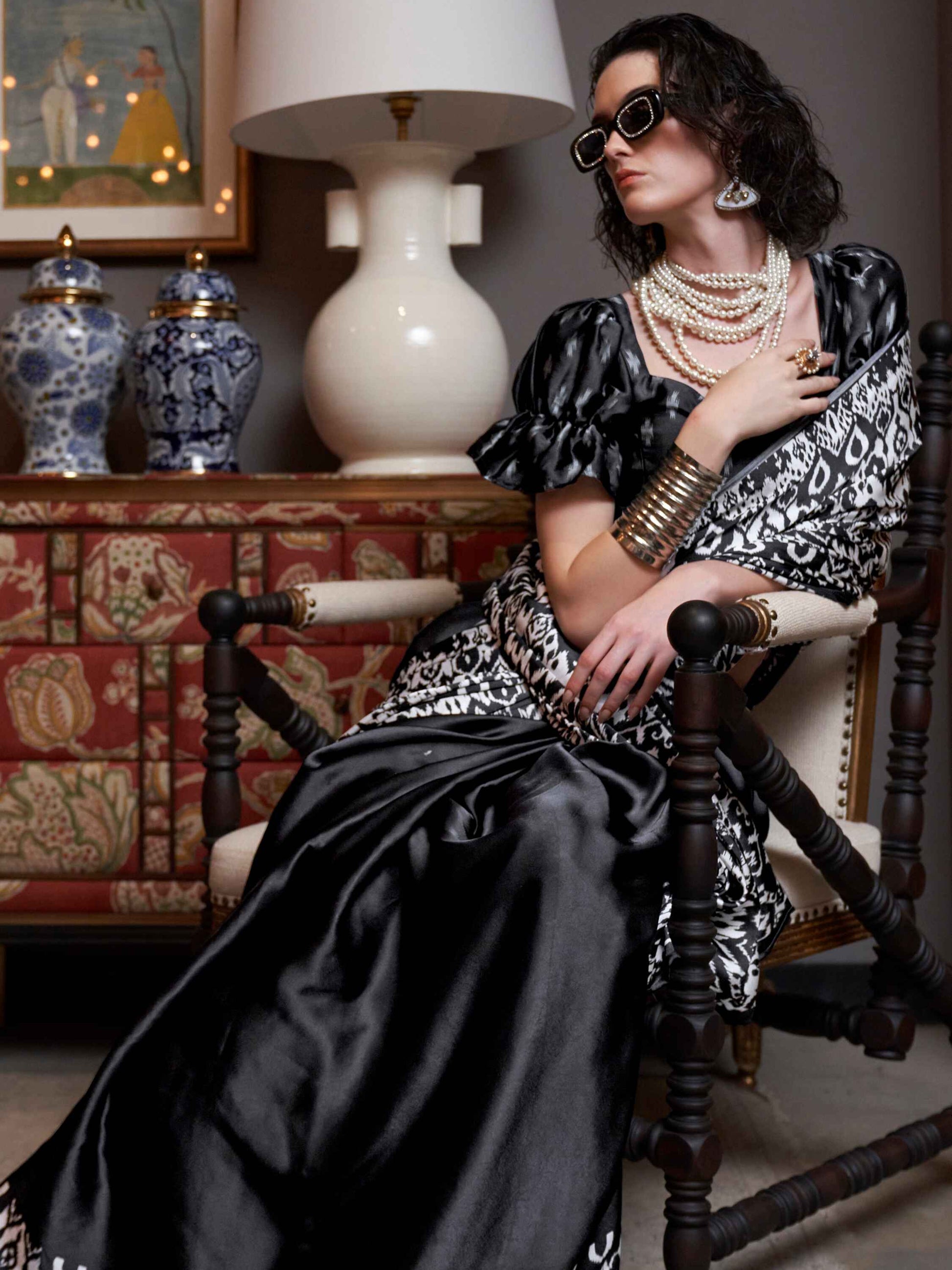 Pretty Black Digital Printed Satin Casual Wear Saree With Blouse