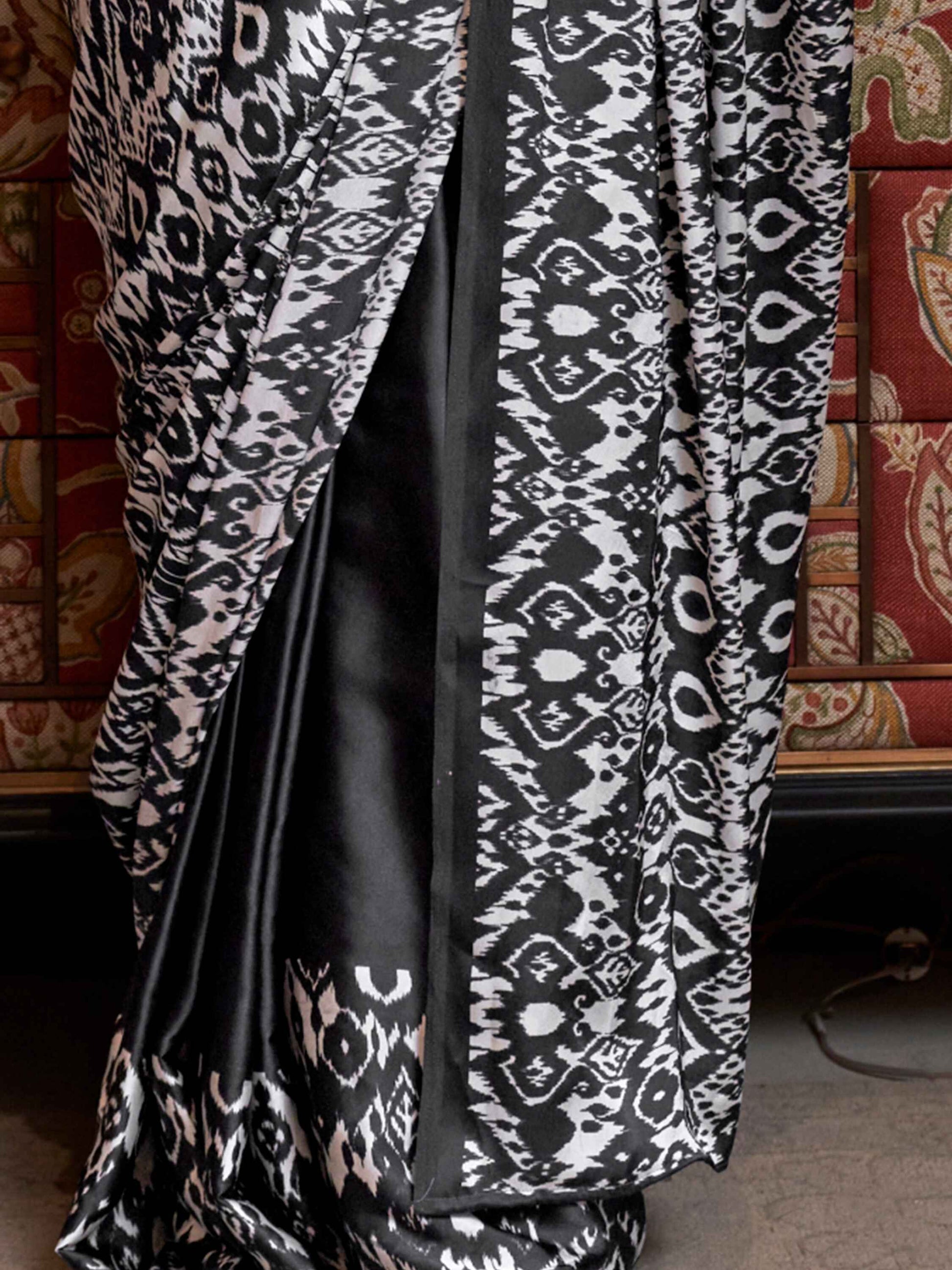 Pretty Black Digital Printed Satin Casual Wear Saree With Blouse