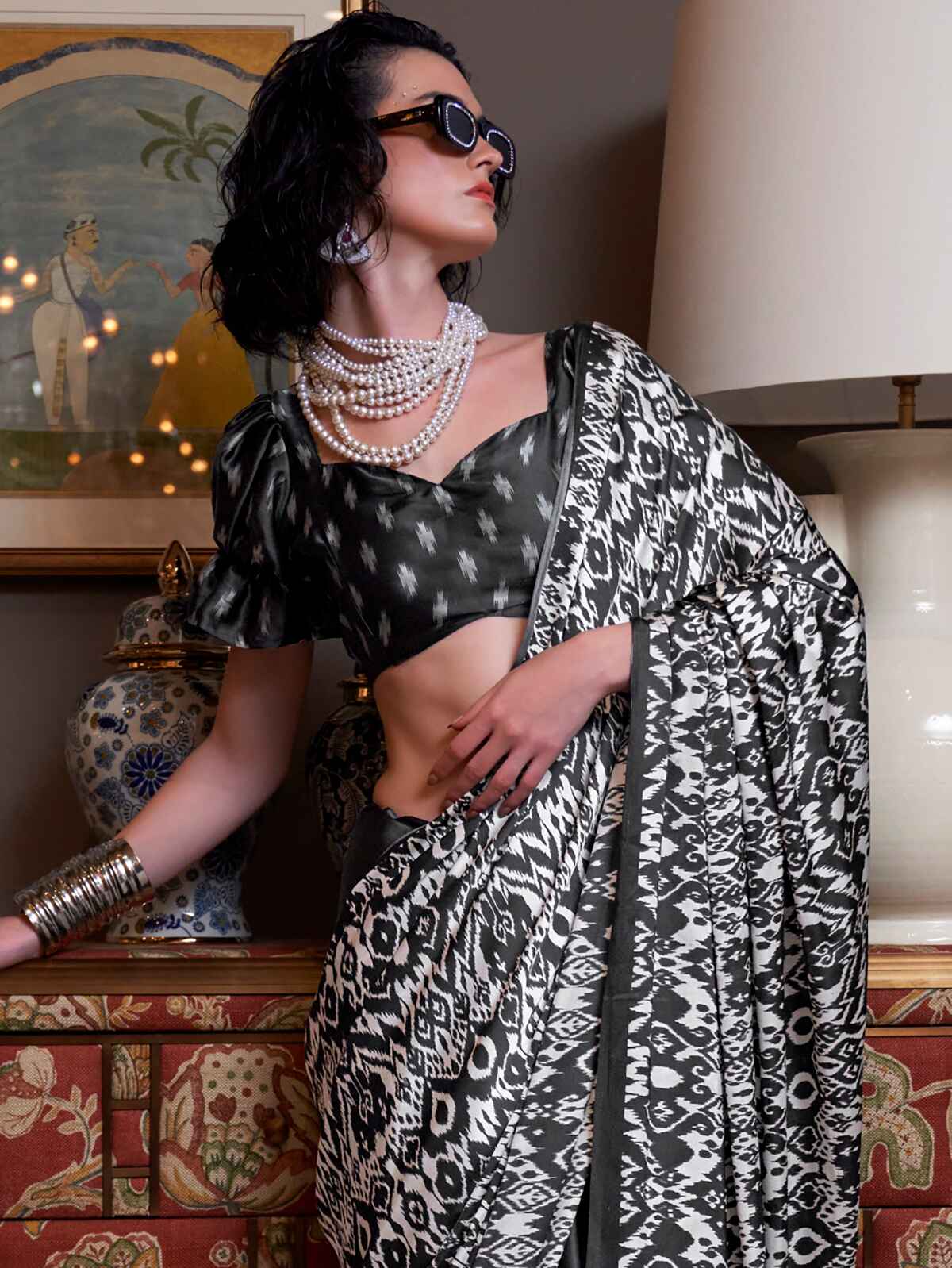 Pretty Black Digital Printed Satin Casual Wear Saree With Blouse