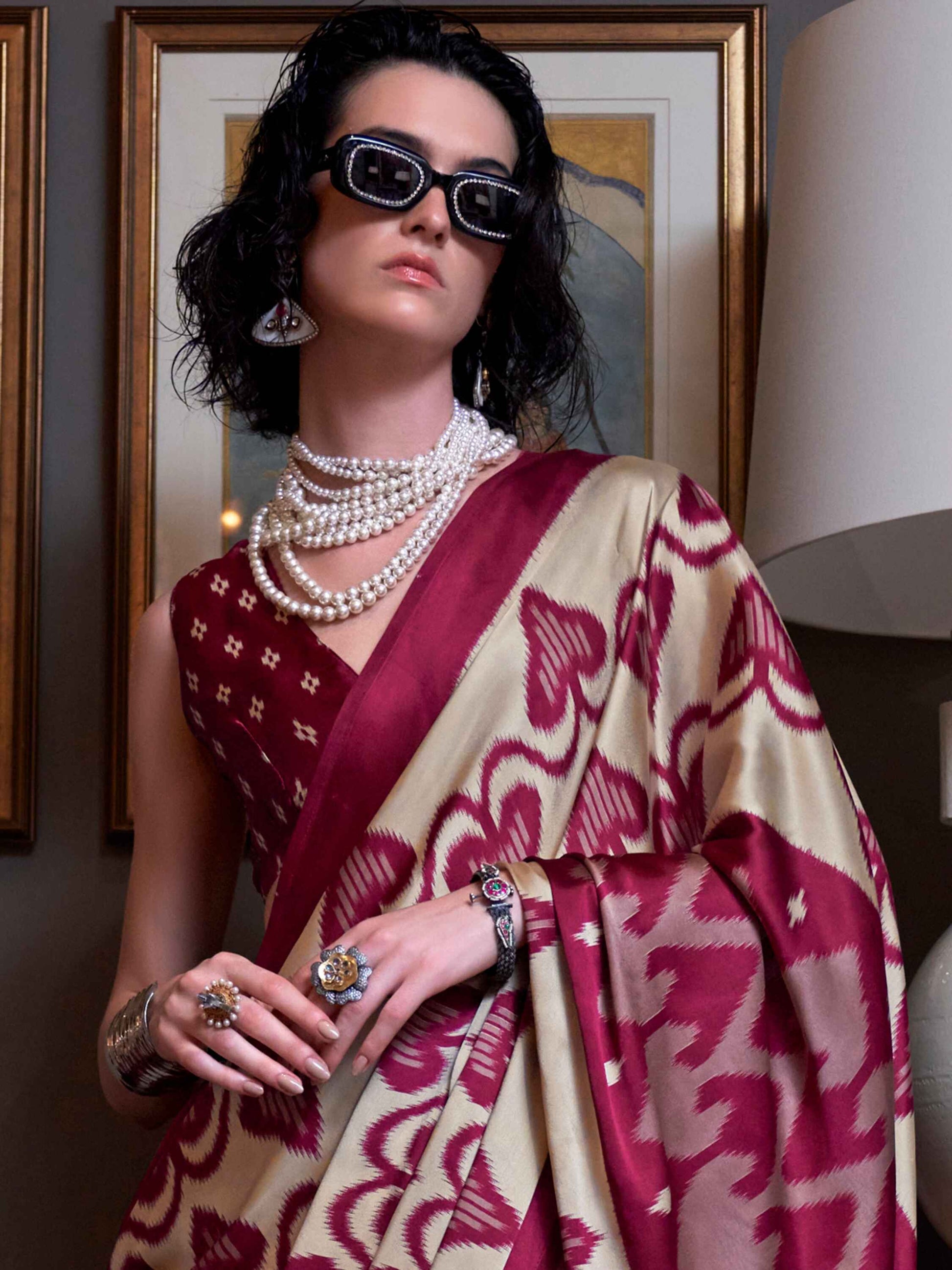 Stunning Cream Digital Printed Satin Traditional Saree With Blouse