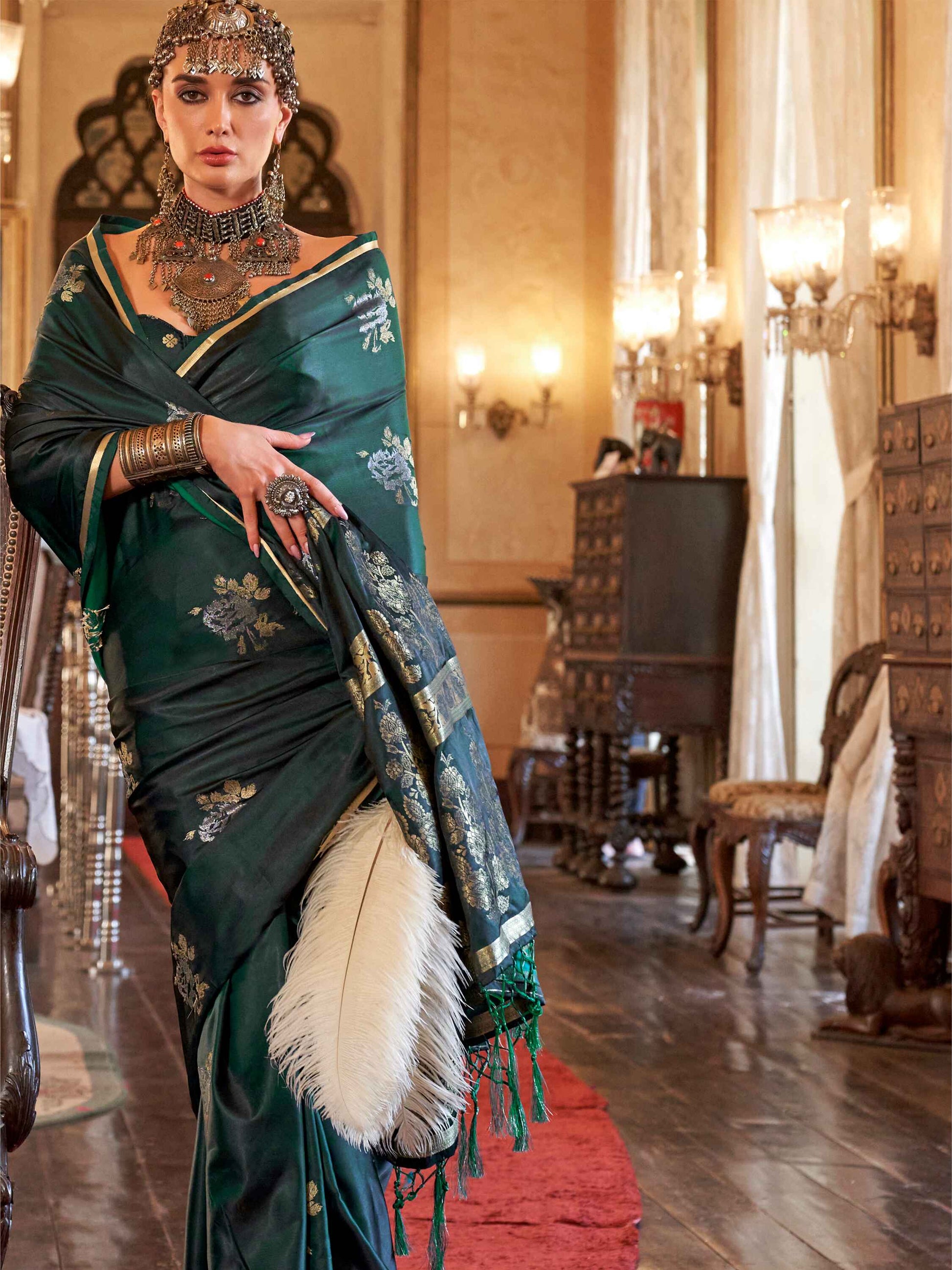 Desirable Dark Green Zari Weaving Satin Event Wear Saree With Blouse