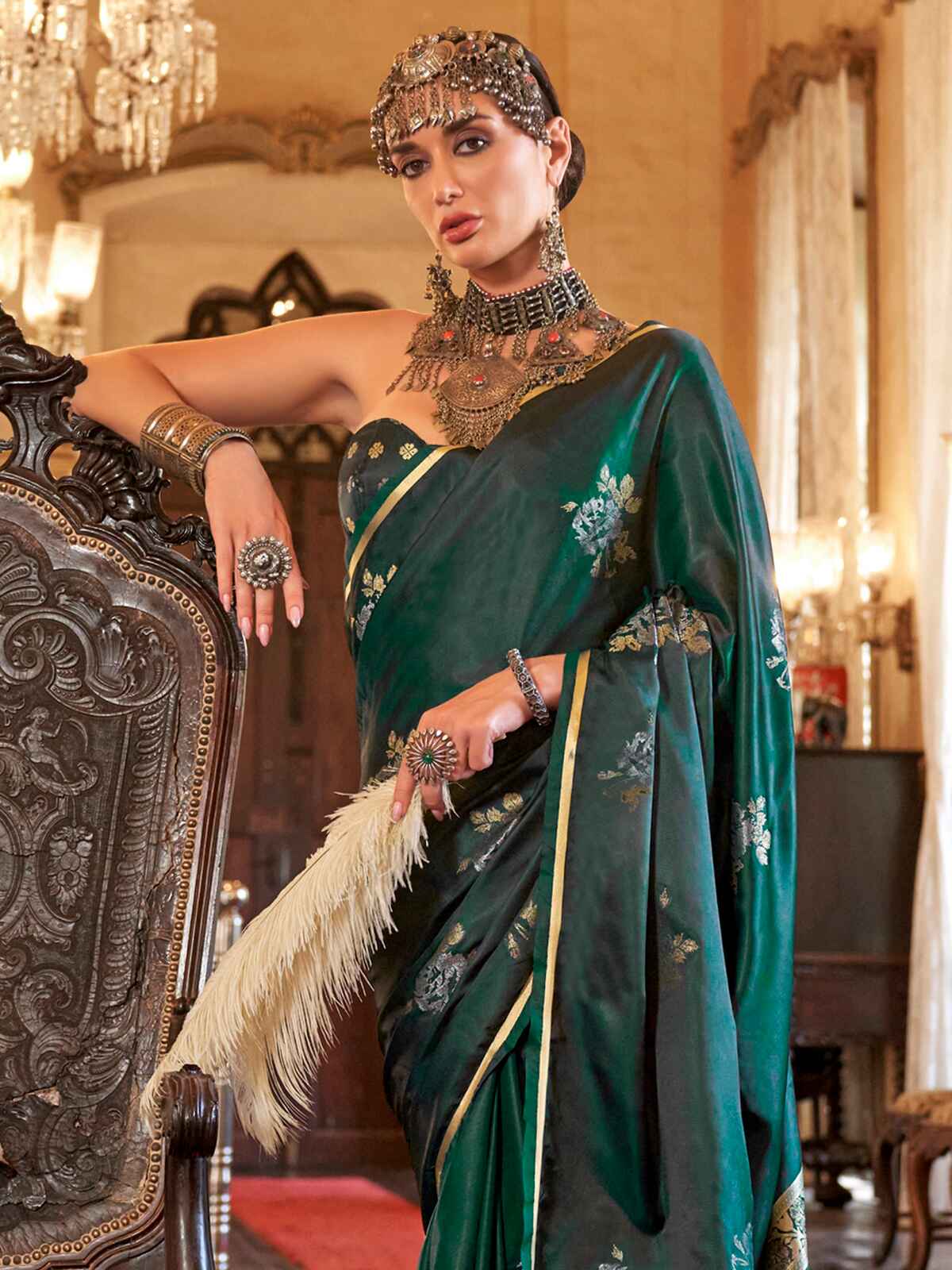 Desirable Dark Green Zari Weaving Satin Event Wear Saree With Blouse