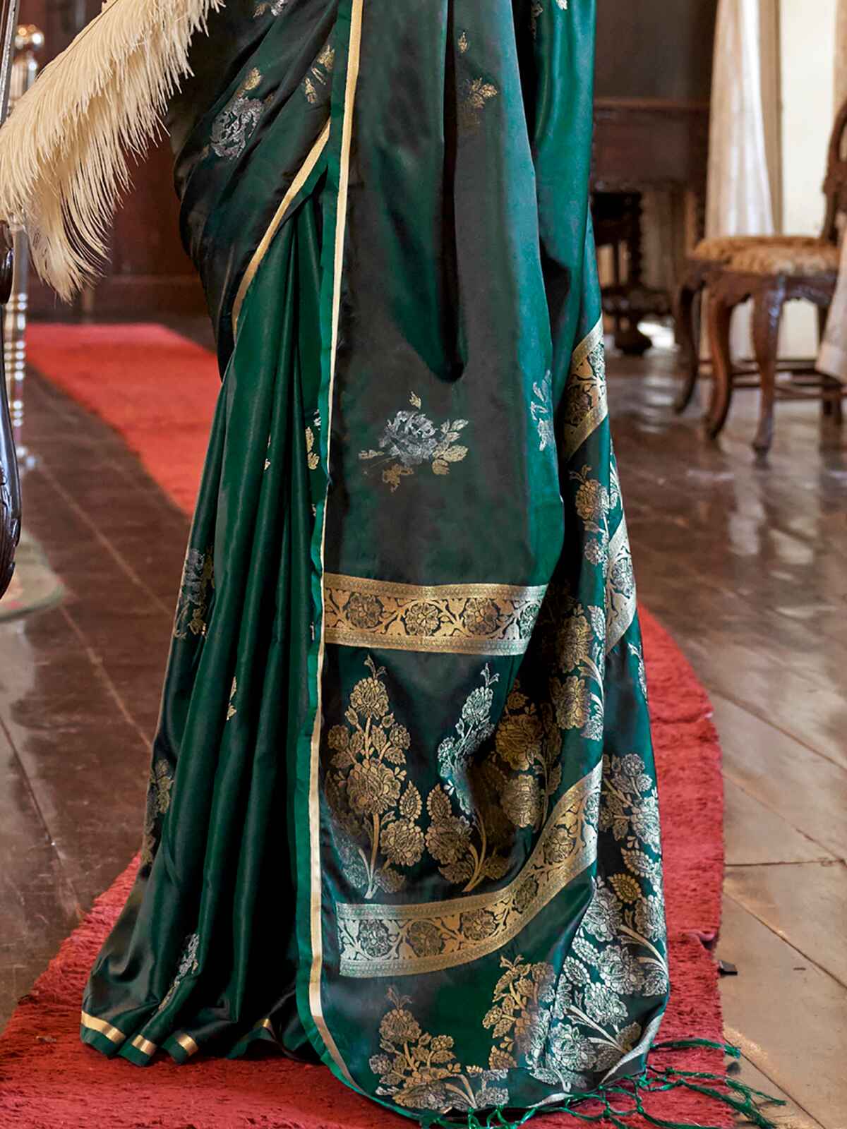 Desirable Dark Green Zari Weaving Satin Event Wear Saree With Blouse