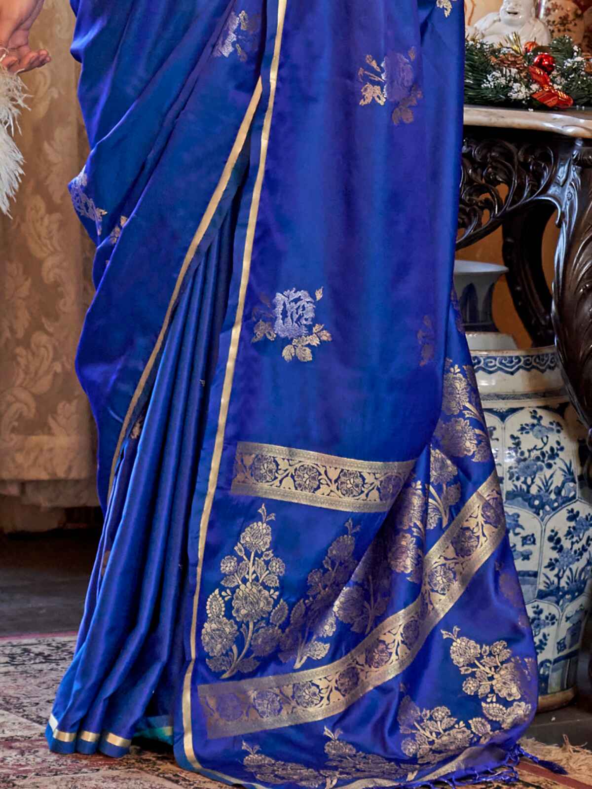 Magnetic Blue Zari Weaving Satin Festival Wear Saree With Blouse