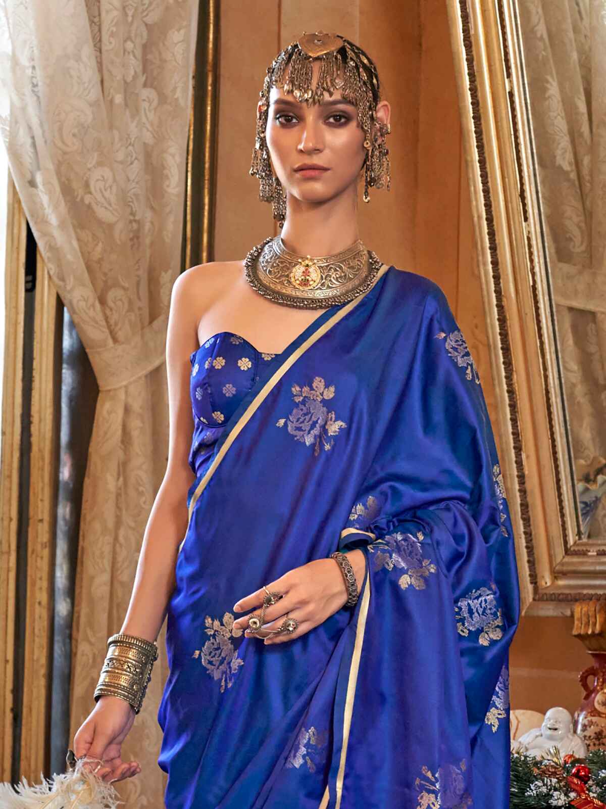 Magnetic Blue Zari Weaving Satin Festival Wear Saree With Blouse