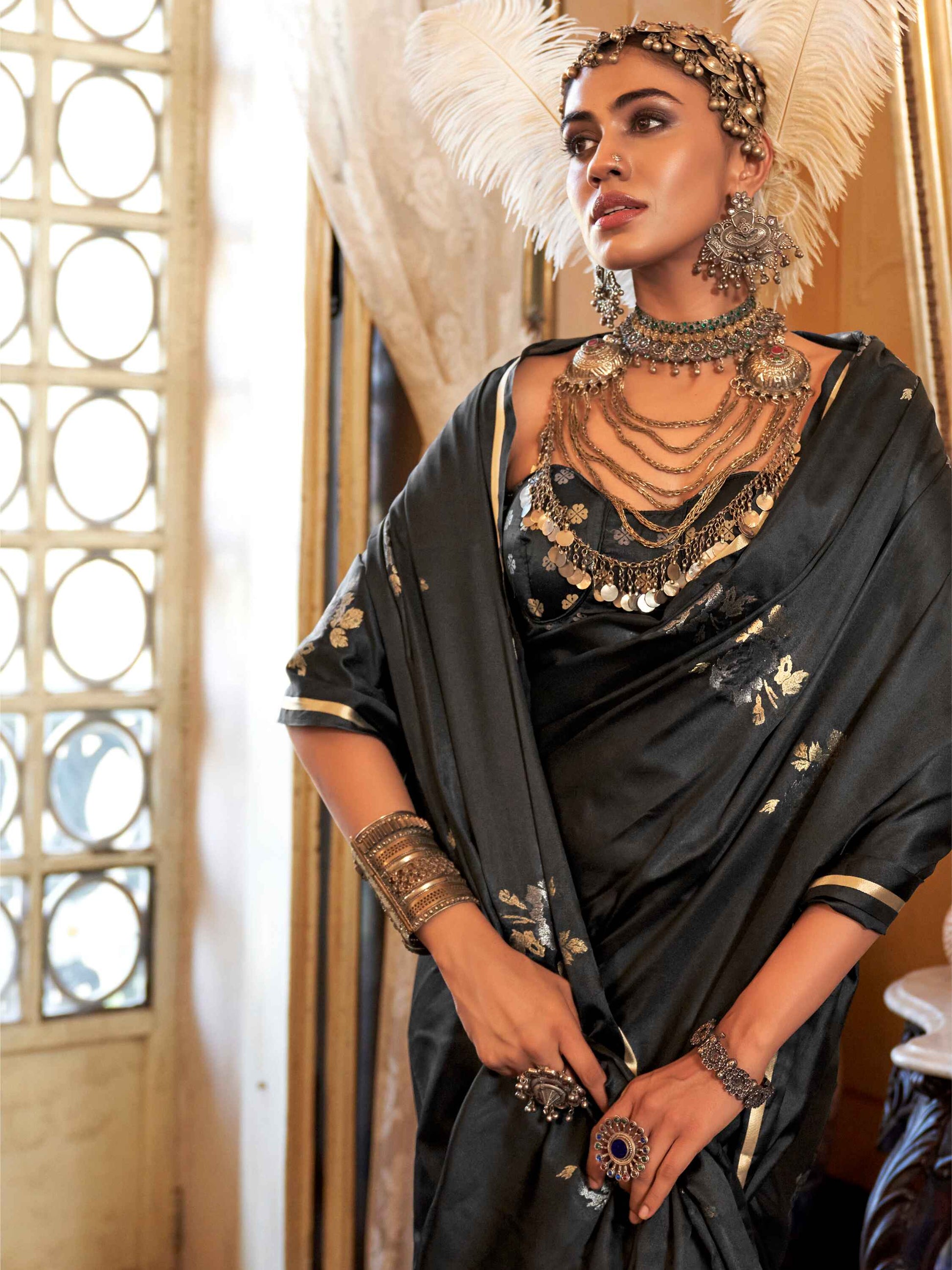 Glamorous Black Zari Weaving Satin Traditional Saree With Blouse