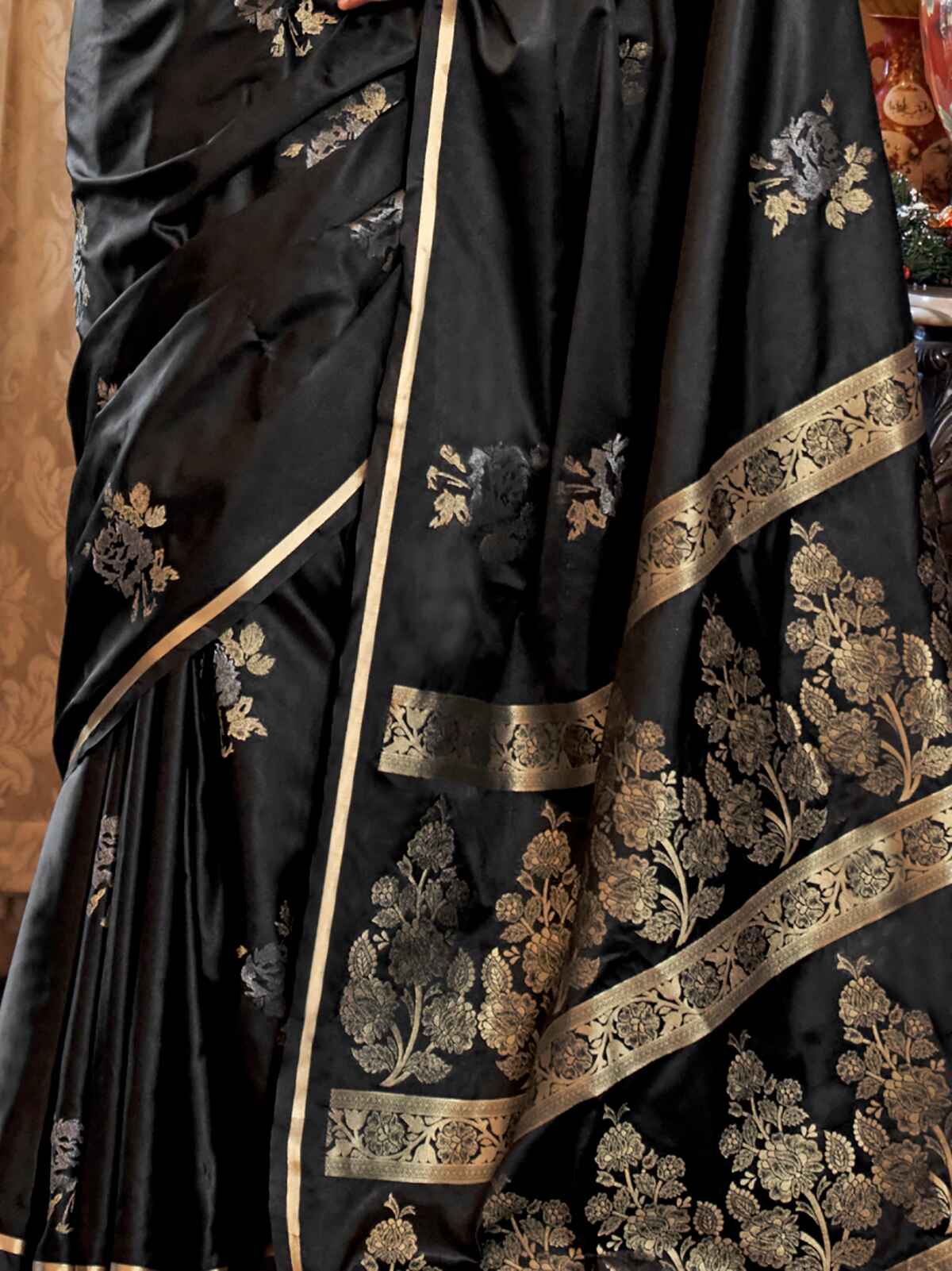 Glamorous Black Zari Weaving Satin Traditional Saree With Blouse