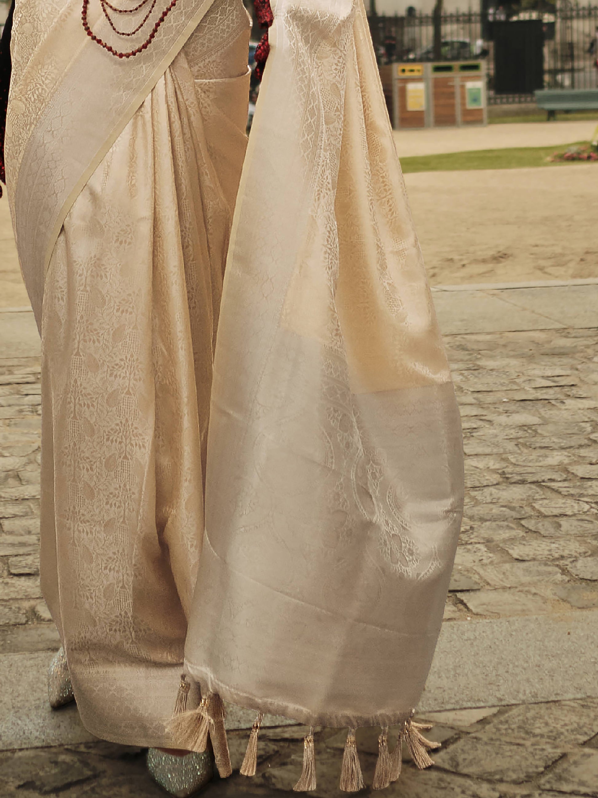 Captivating Beige Zari Woven Satin Festive Wear Saree With Blouse