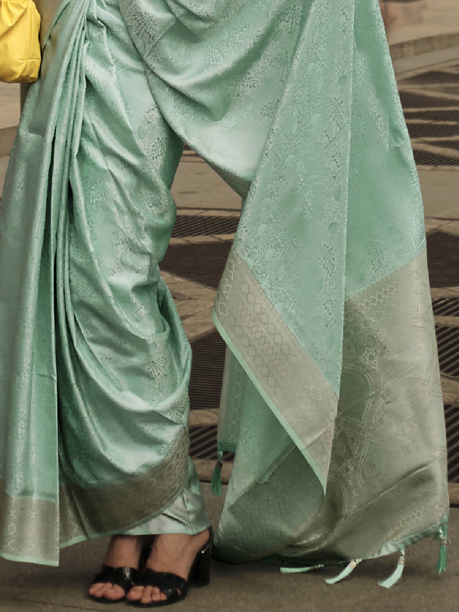 Bewitching Sea Green Zari Woven Satin Party Wear Saree With Blouse