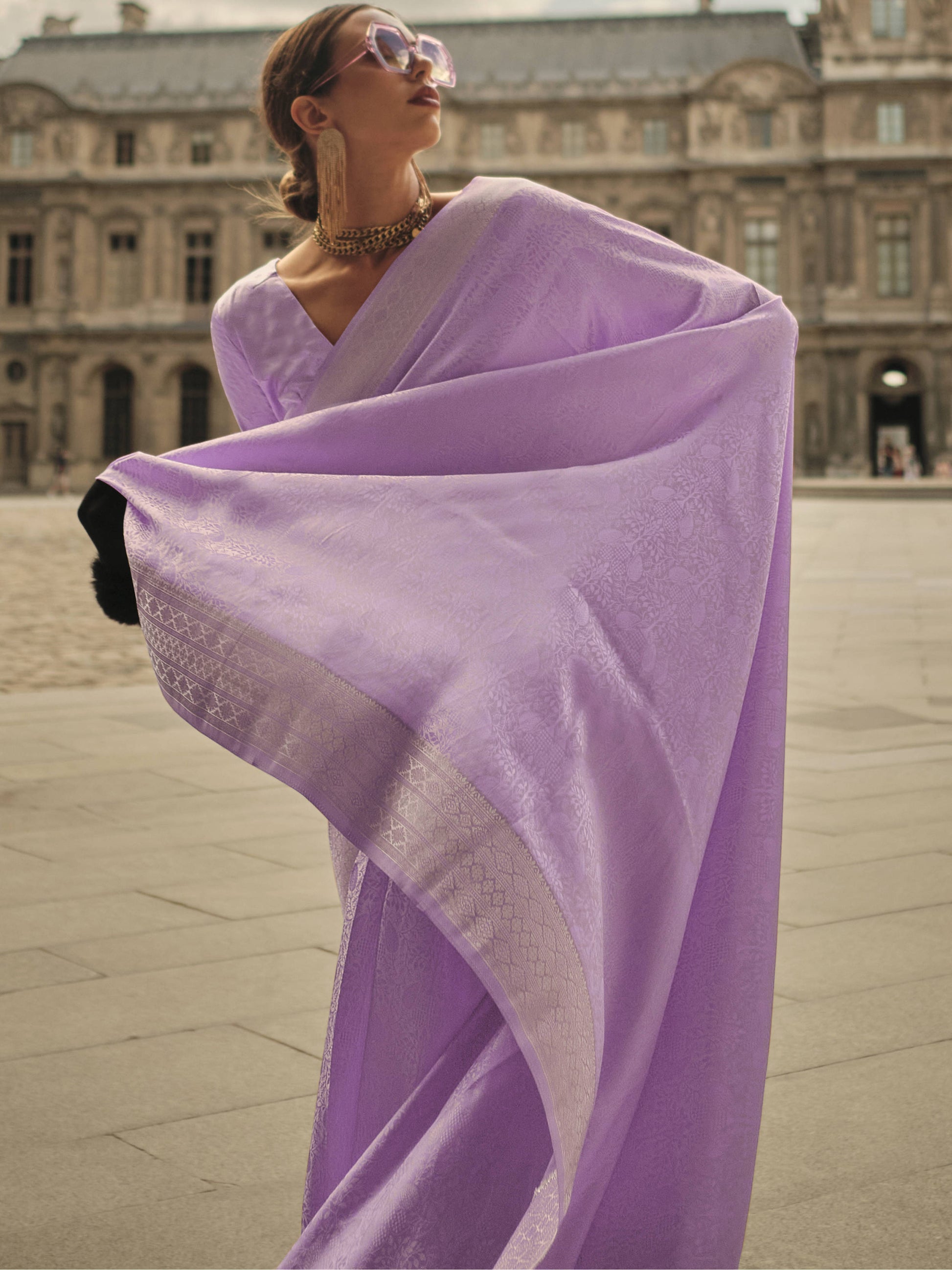 Enchanting Lavender Zari Woven Satin Festive Wear Saree With Blouse