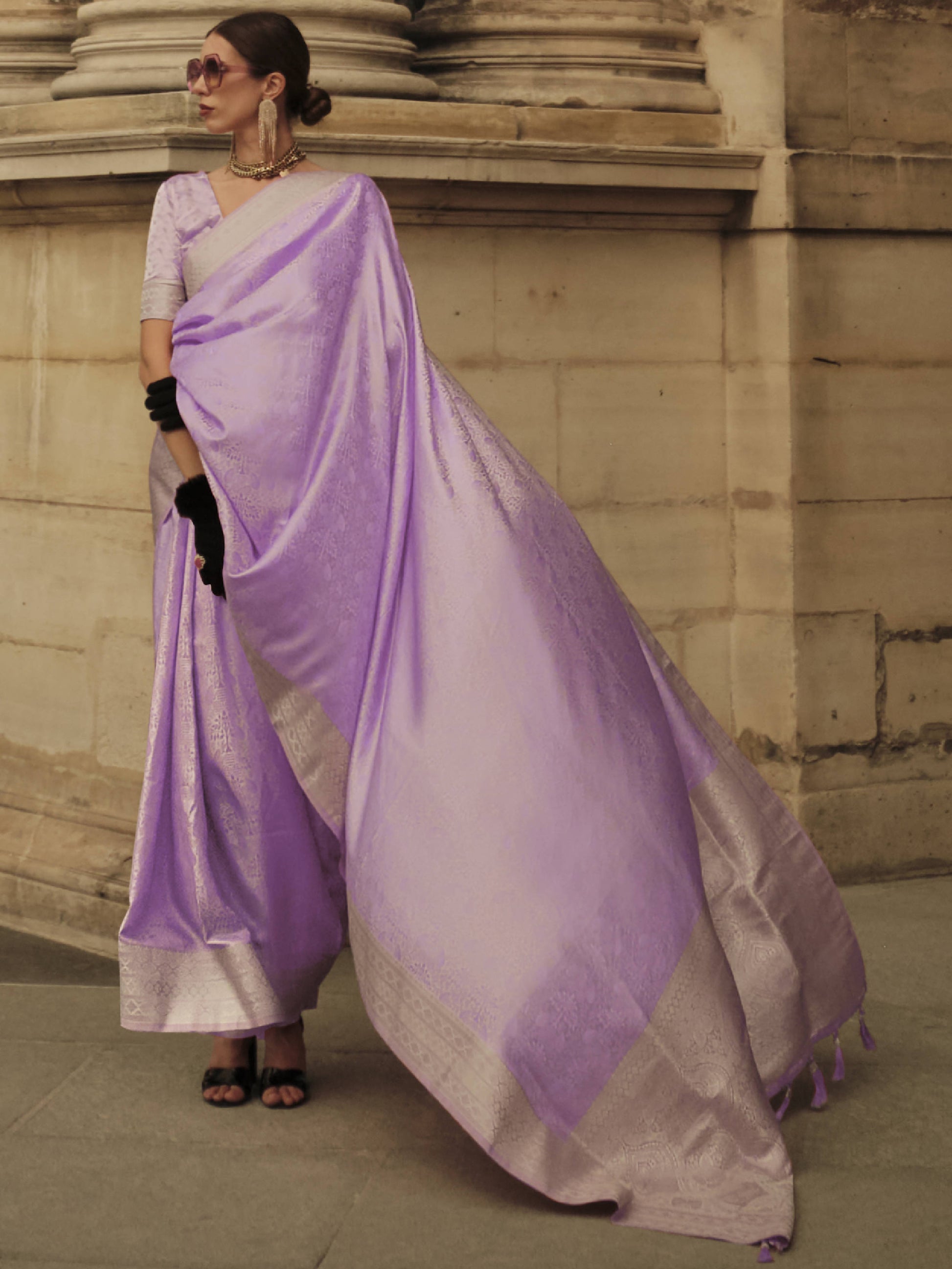 Enchanting Lavender Zari Woven Satin Festive Wear Saree With Blouse
