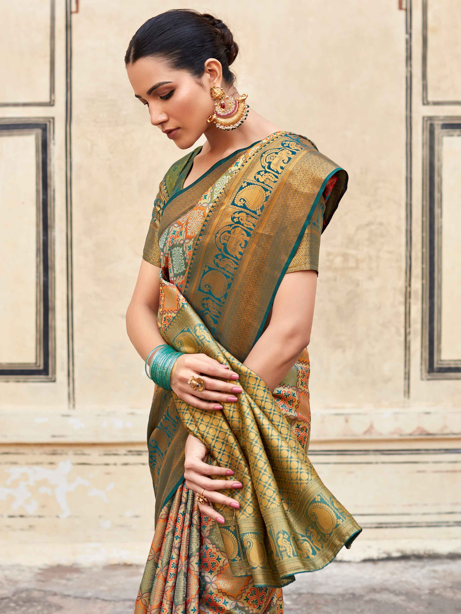 Fetching Multi-Color Zari Weaving Silk Occasions Wear Saree