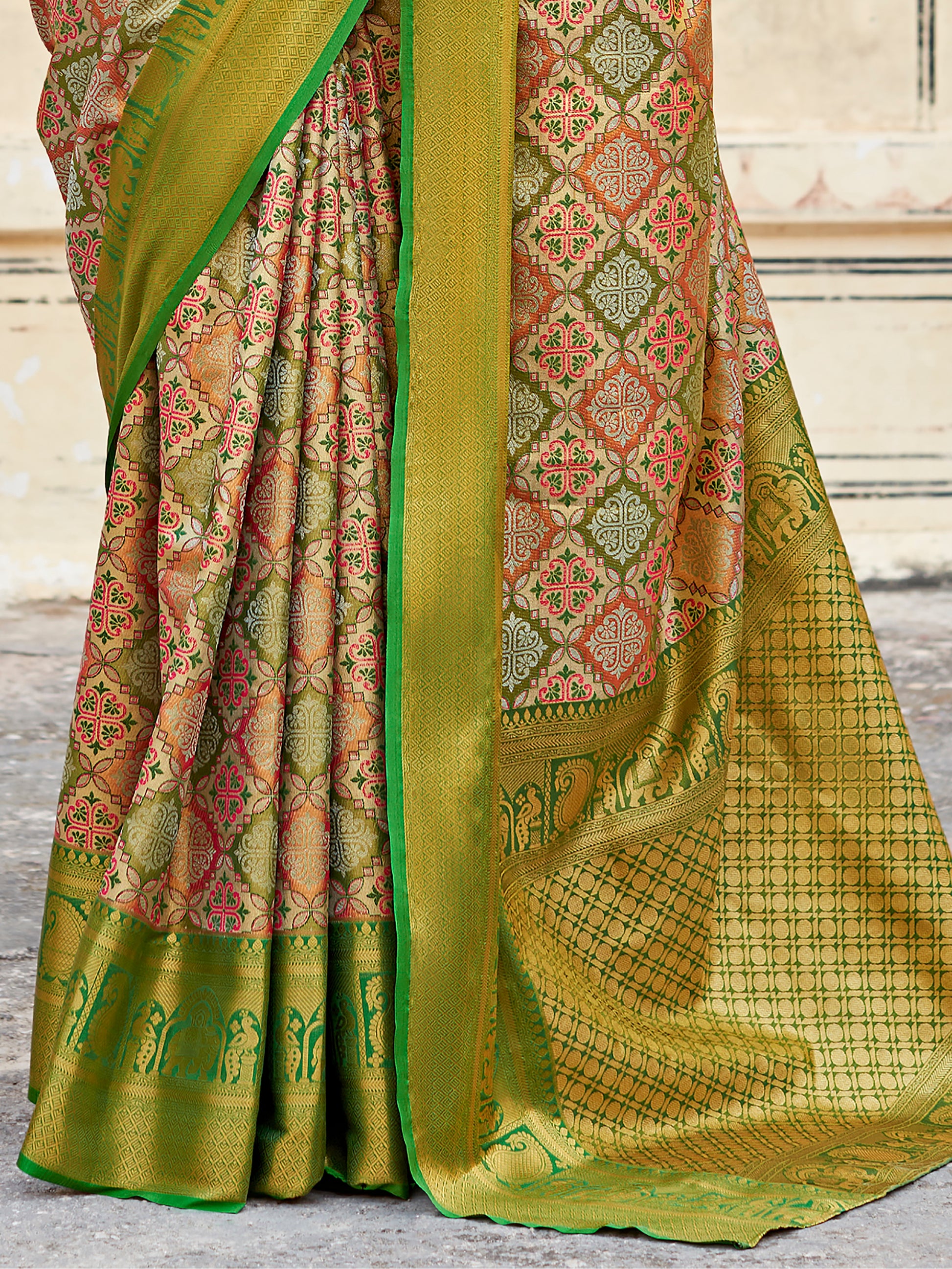 Engaging Green Zari Weaving Silk Mehendi Wear Saree With Blouse
