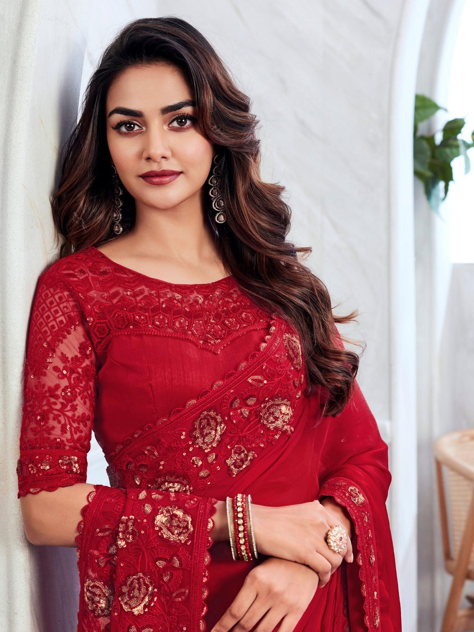 Wonderful Red Sequins Chiffon Wedding Wear Saree With Blouse