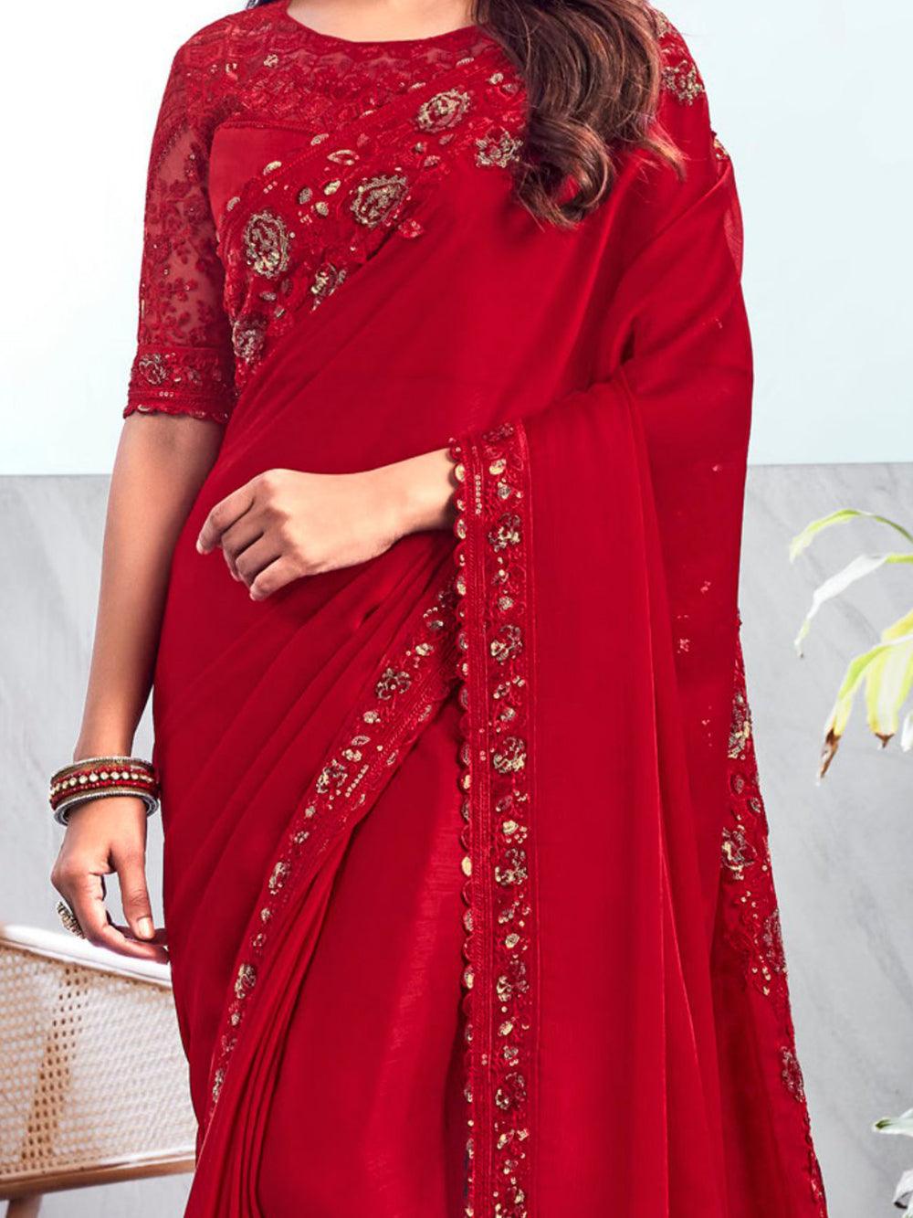 Wonderful Red Sequins Chiffon Wedding Wear Saree With Blouse