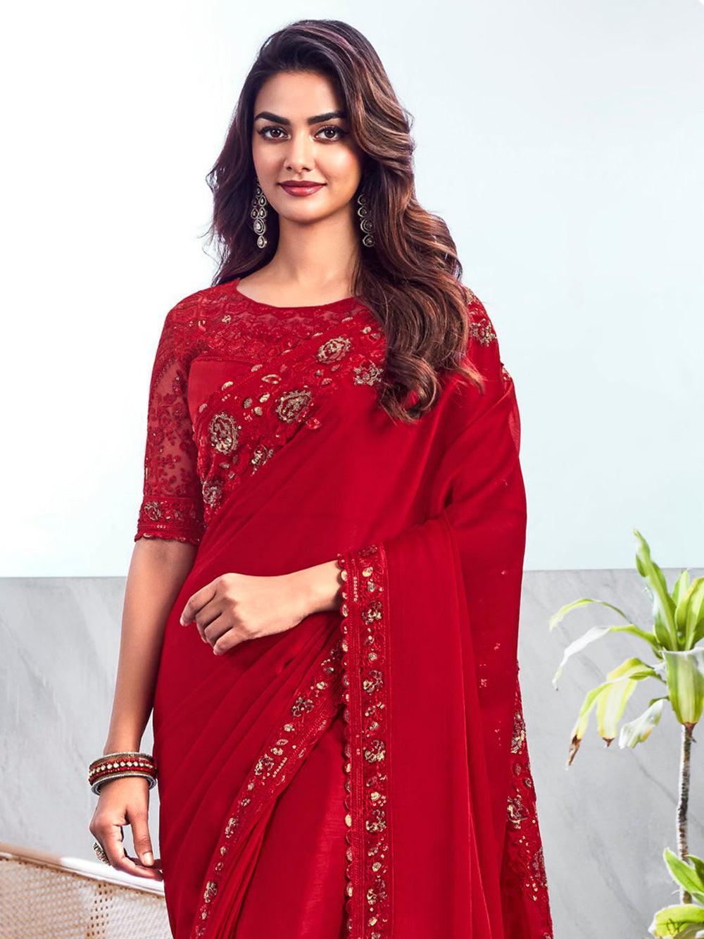 Wonderful Red Sequins Chiffon Wedding Wear Saree With Blouse