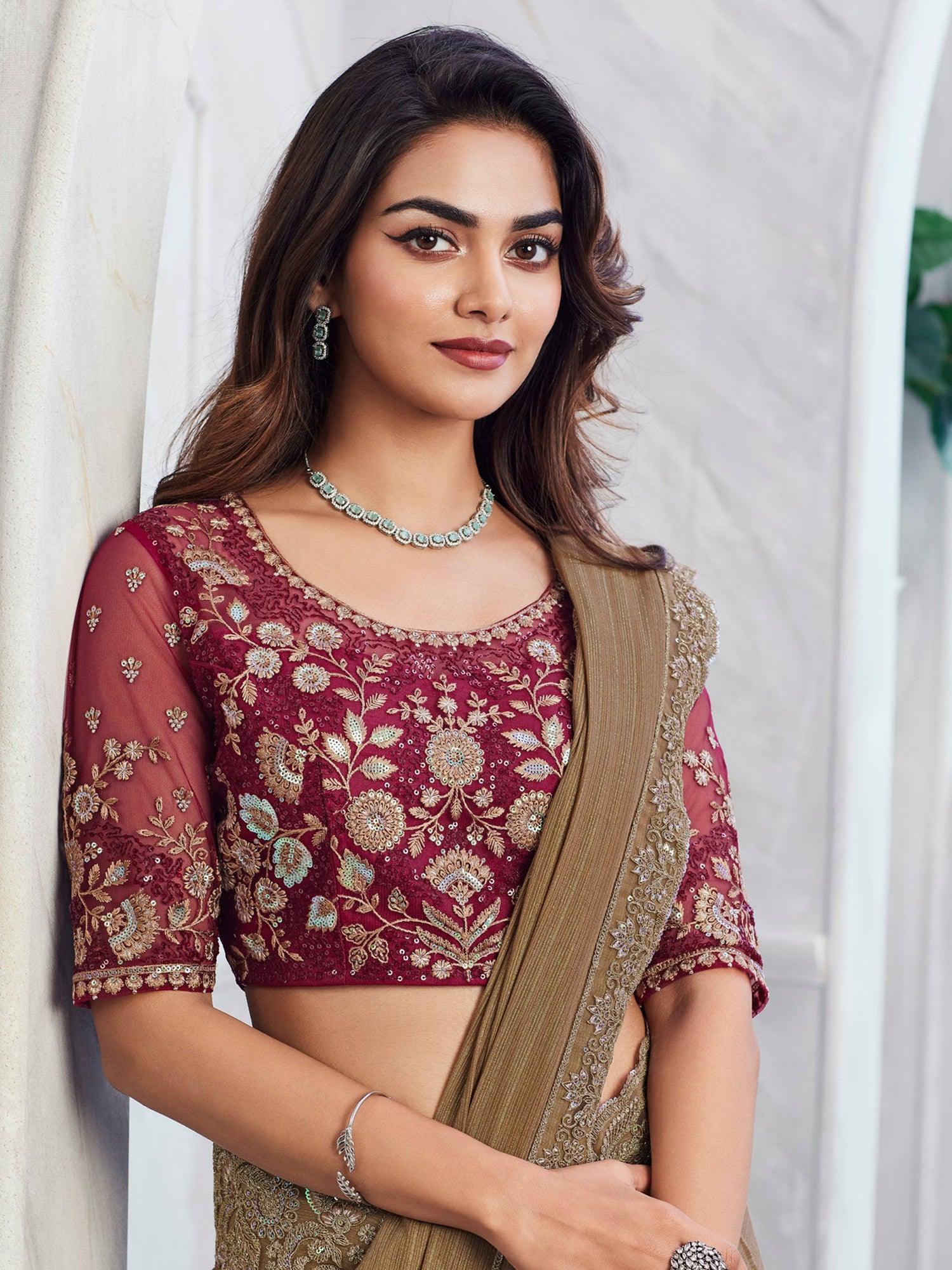 Attractive Brown Embroidered Silk Party Wear Saree With Blouse