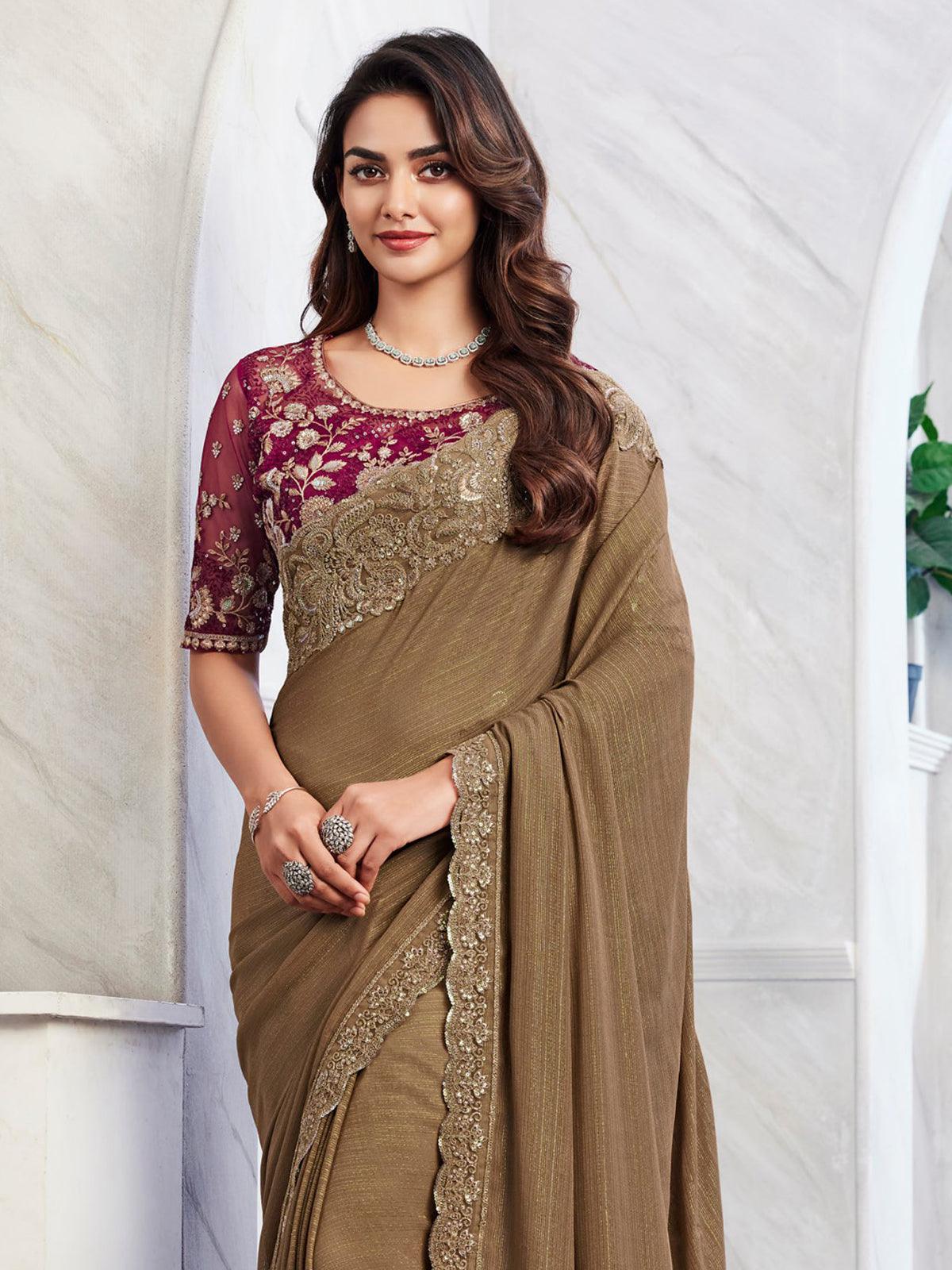 Attractive Brown Embroidered Silk Party Wear Saree With Blouse