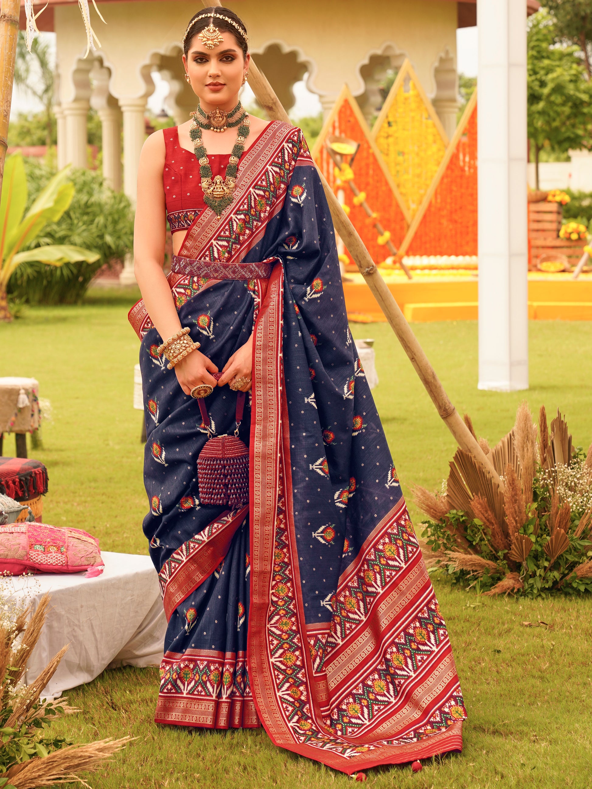 Spectacular Navy-Blue Patola Printed Silk Wedding Wear Saree