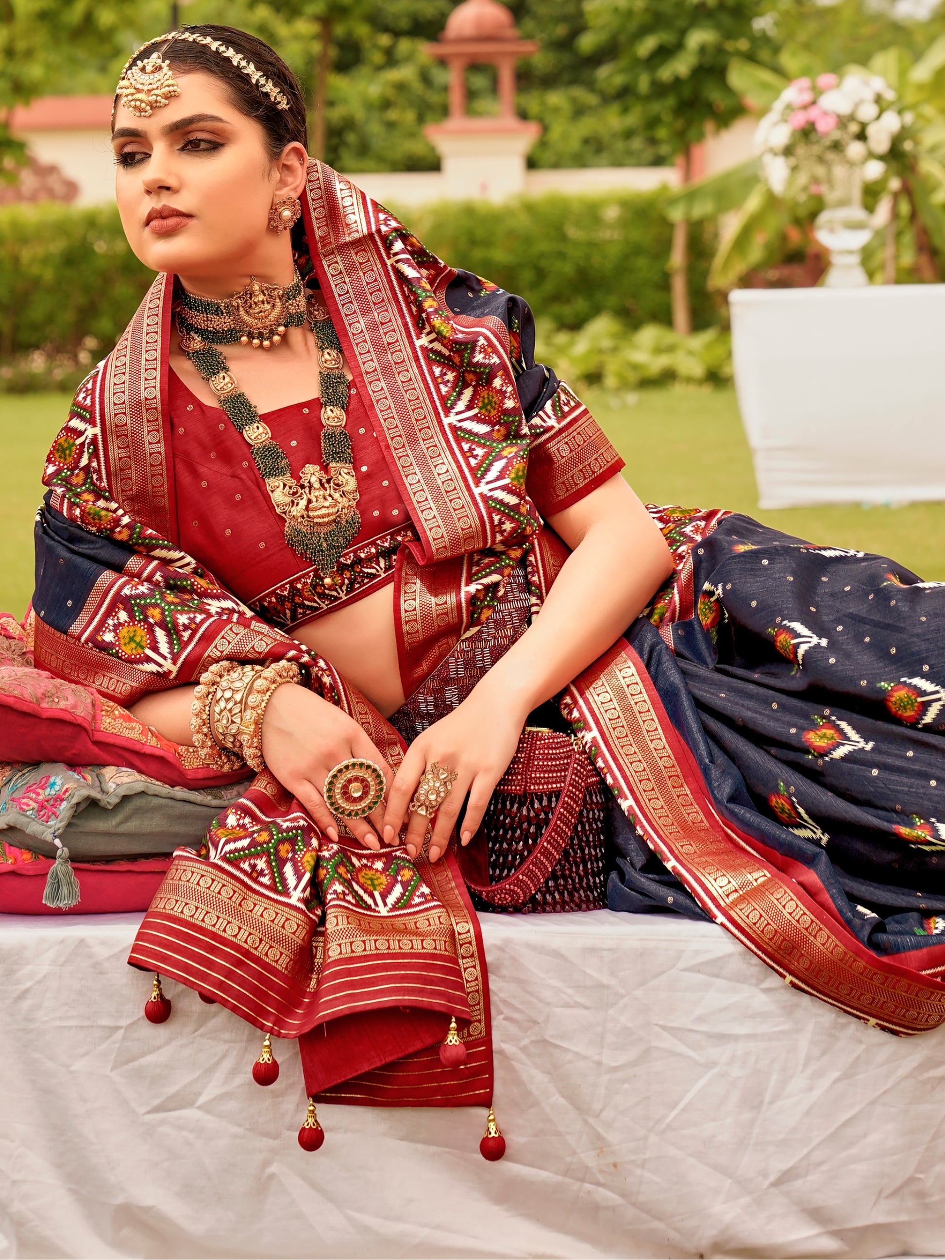Spectacular Navy-Blue Patola Printed Silk Wedding Wear Saree