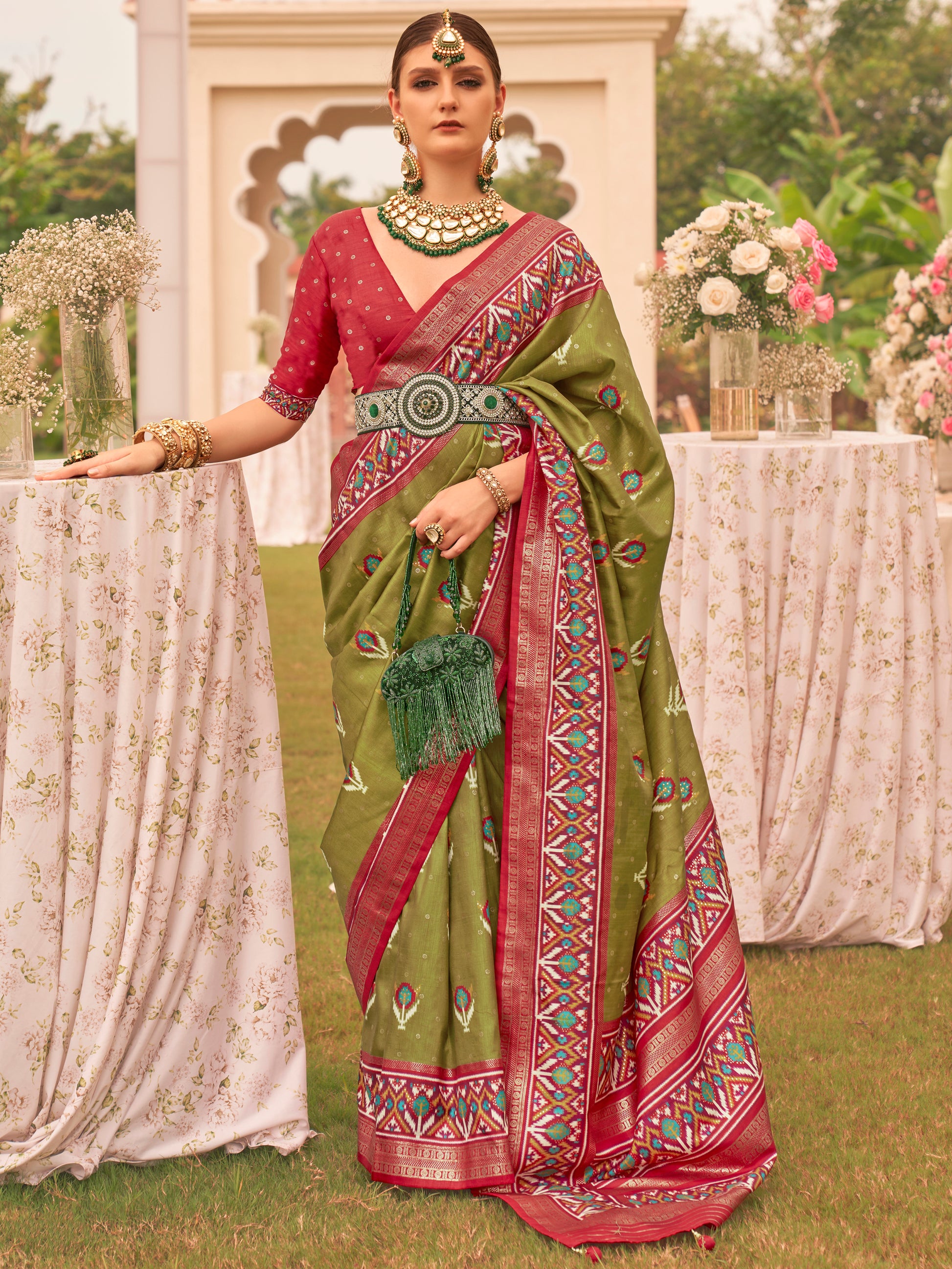 Appealing Green Patola Printed Silk Traditional Saree With Blouse