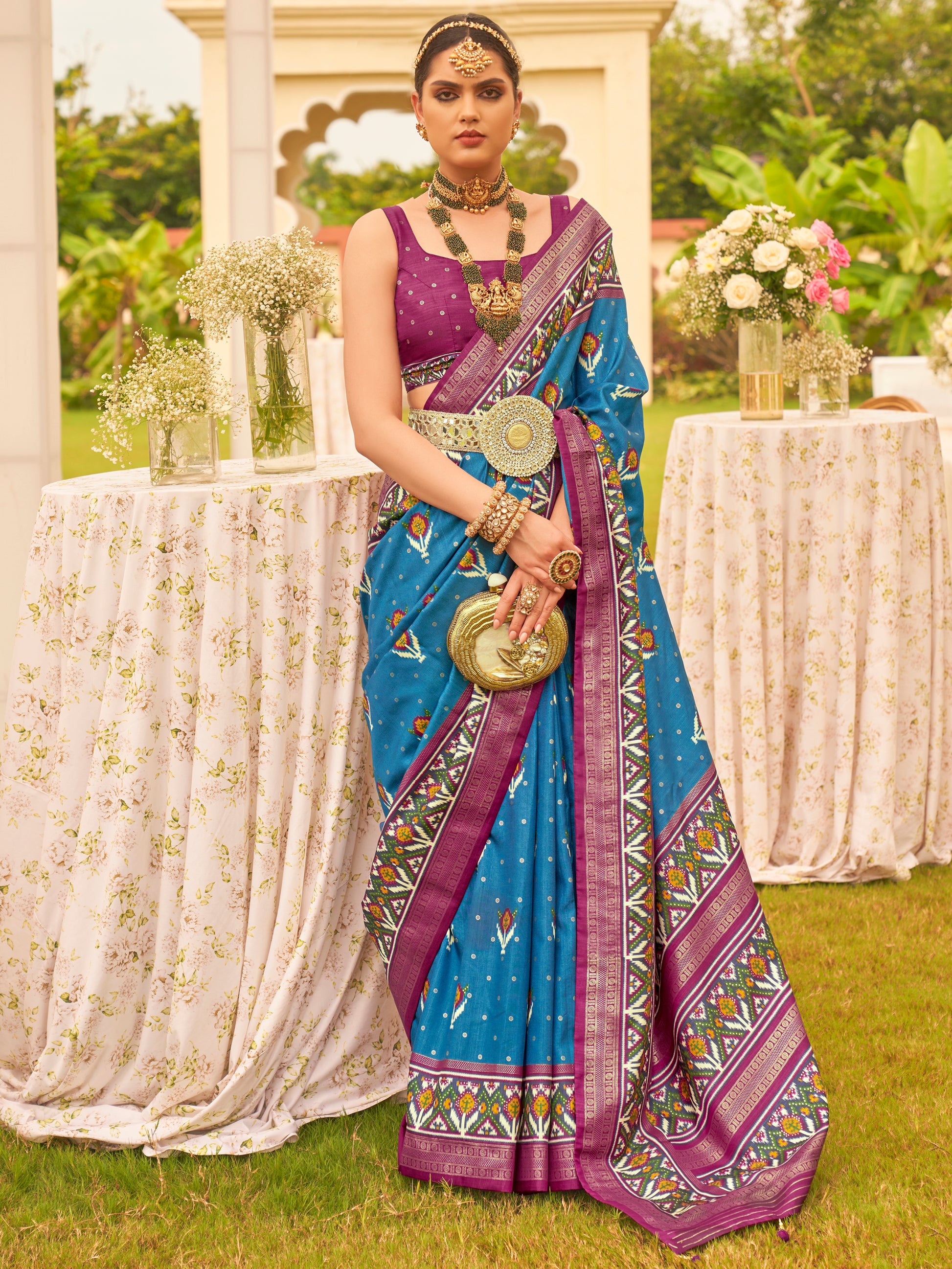 Enchanting Blue Patola Printed Silk Function Wear Saree With Blouse