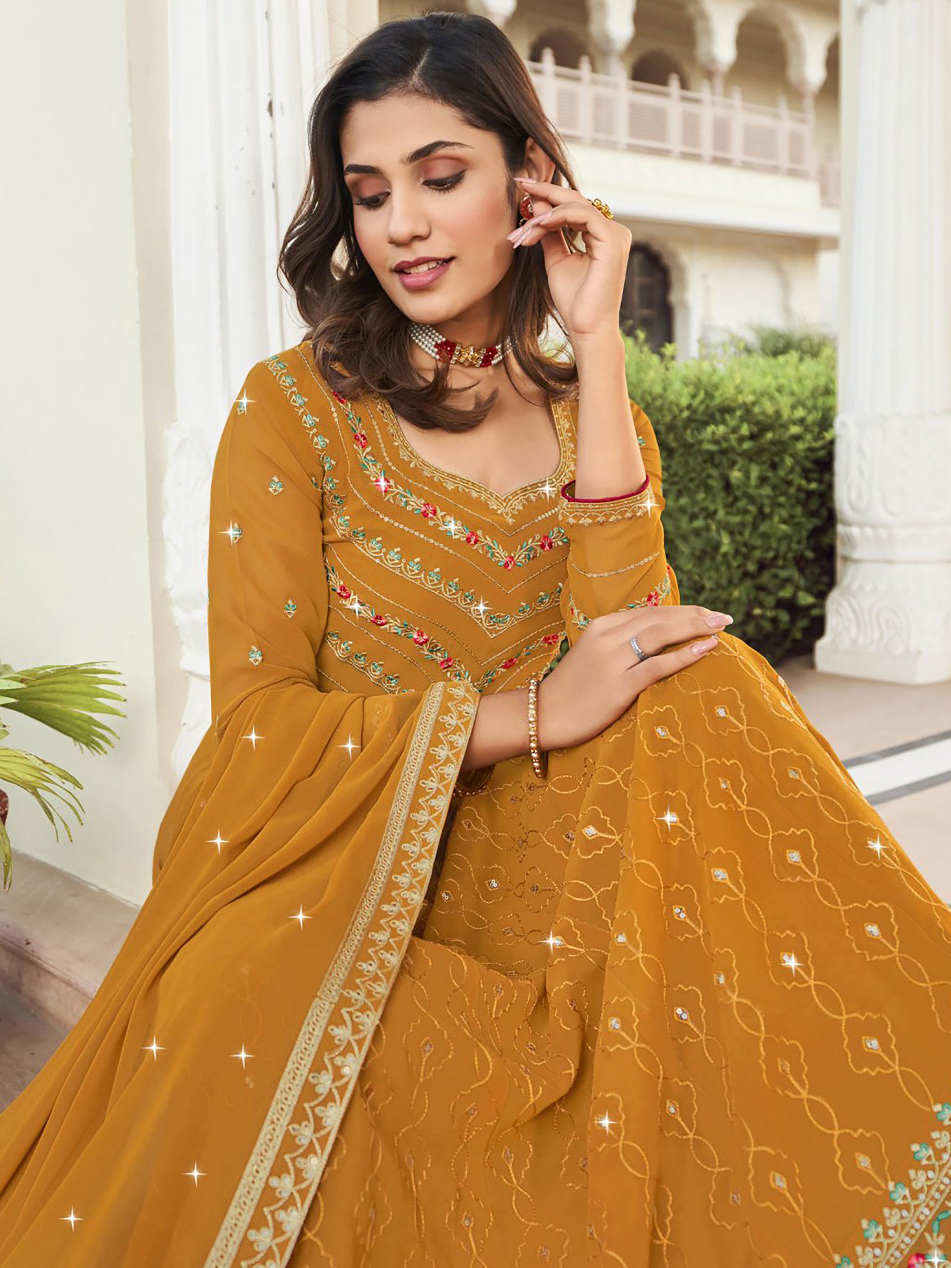 Stunning Yellow Embroidered Georgette Gown